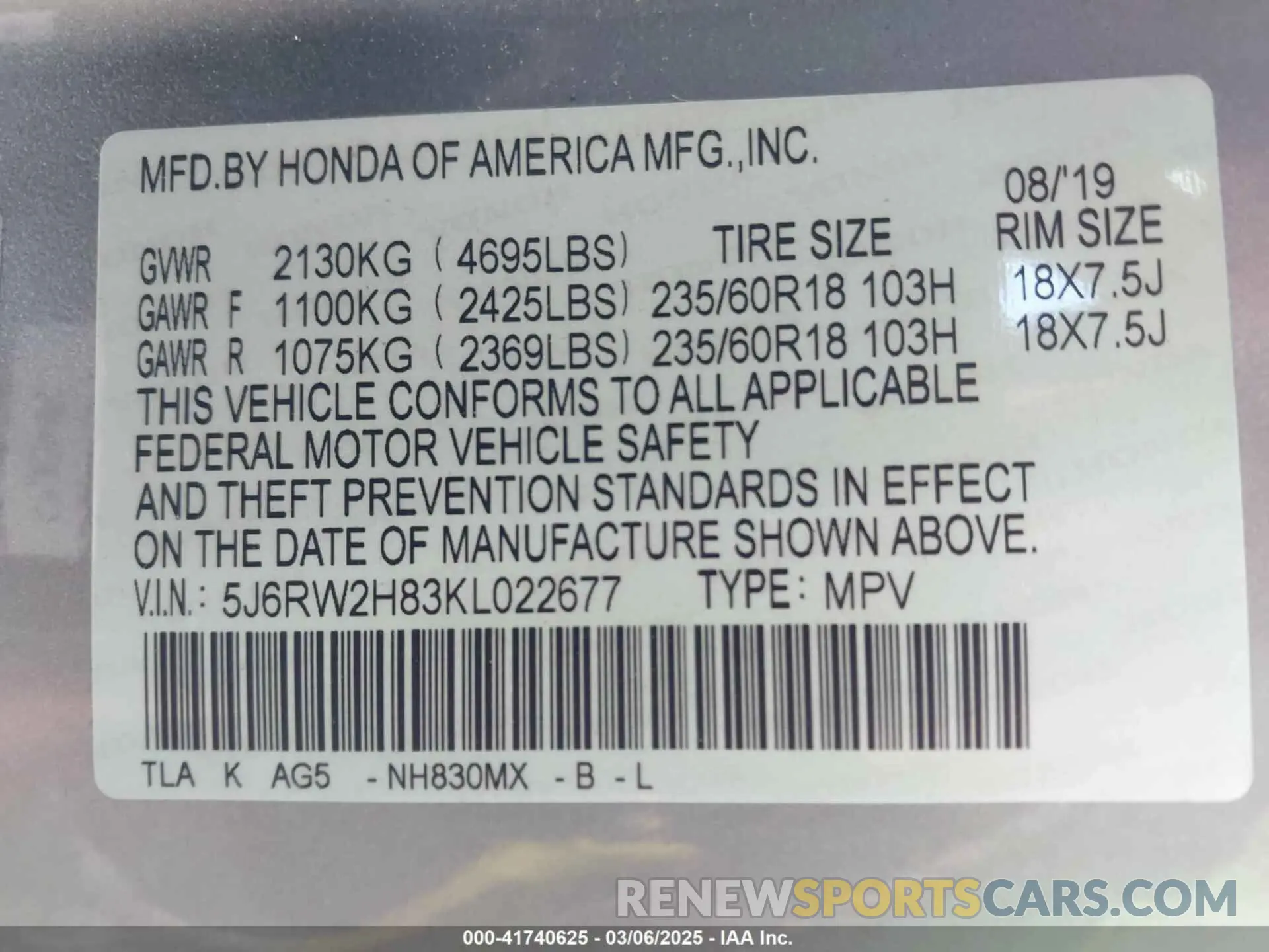 9 Photograph of a damaged car 5J6RW2H83KL022677 HONDA CR-V 2019