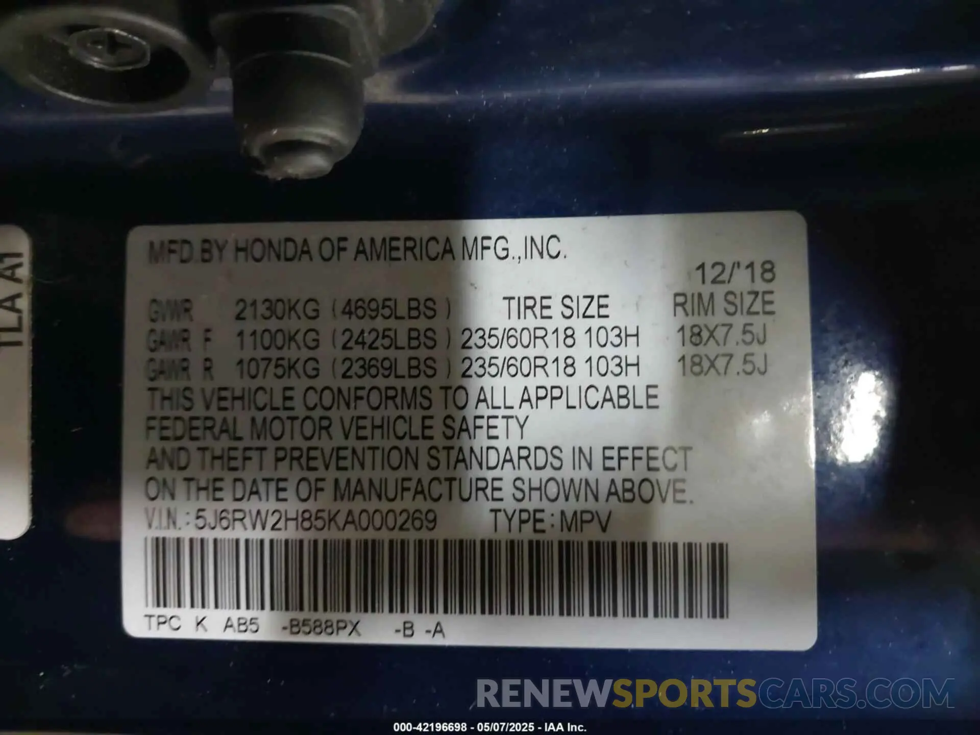 9 Photograph of a damaged car 5J6RW2H85KA000269 HONDA CR-V 2019