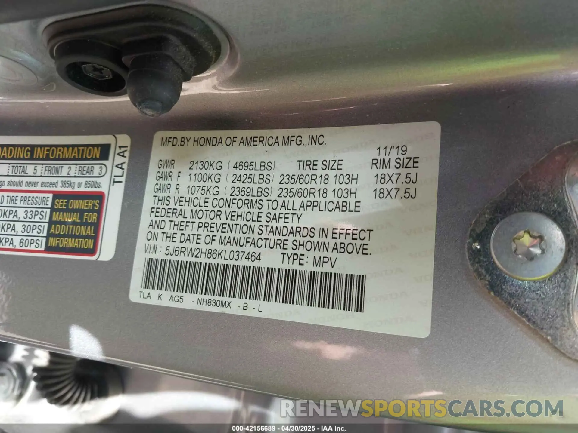 9 Photograph of a damaged car 5J6RW2H86KL037464 HONDA CR-V 2019