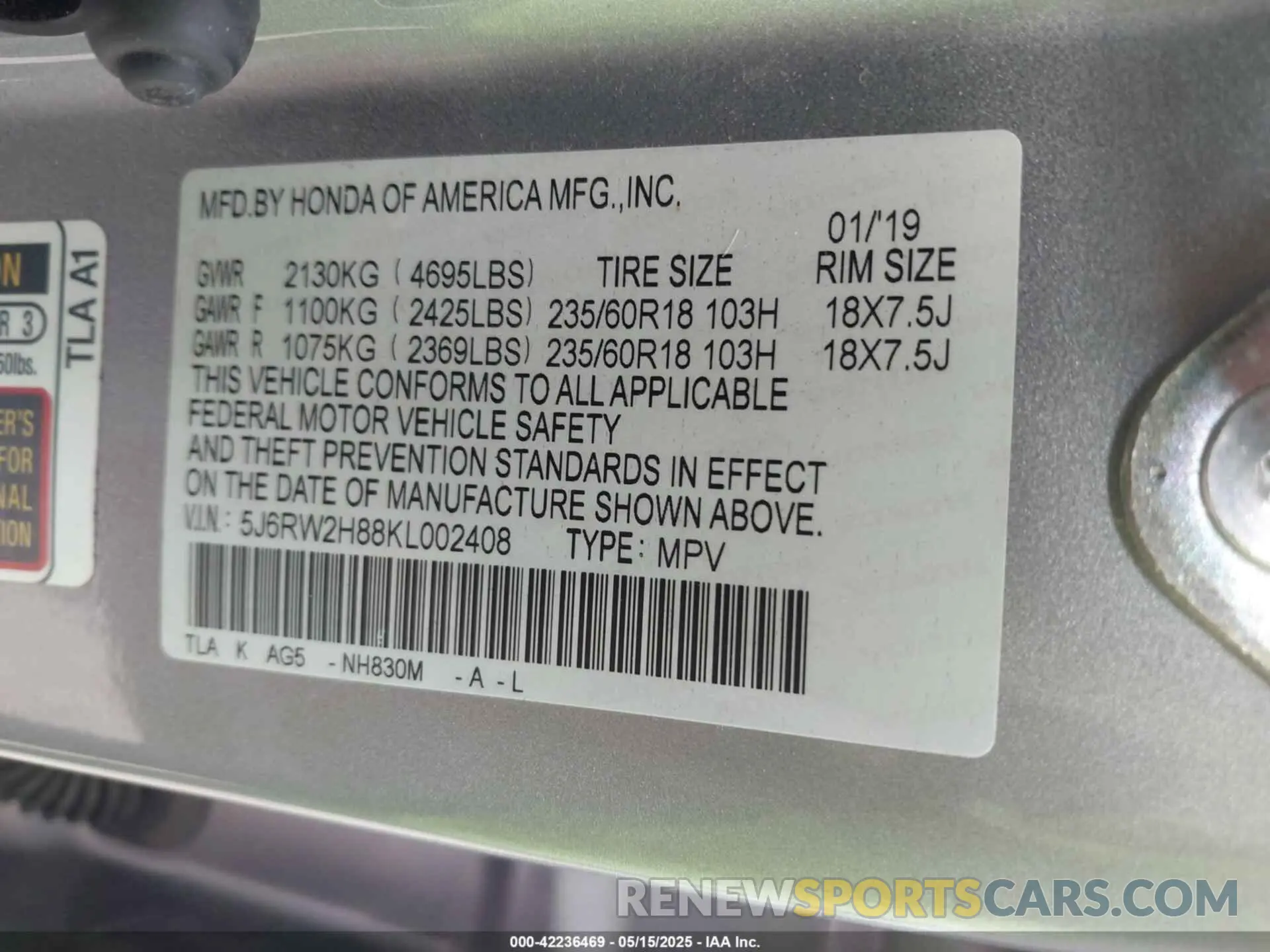 9 Photograph of a damaged car 5J6RW2H88KL002408 HONDA CR-V 2019