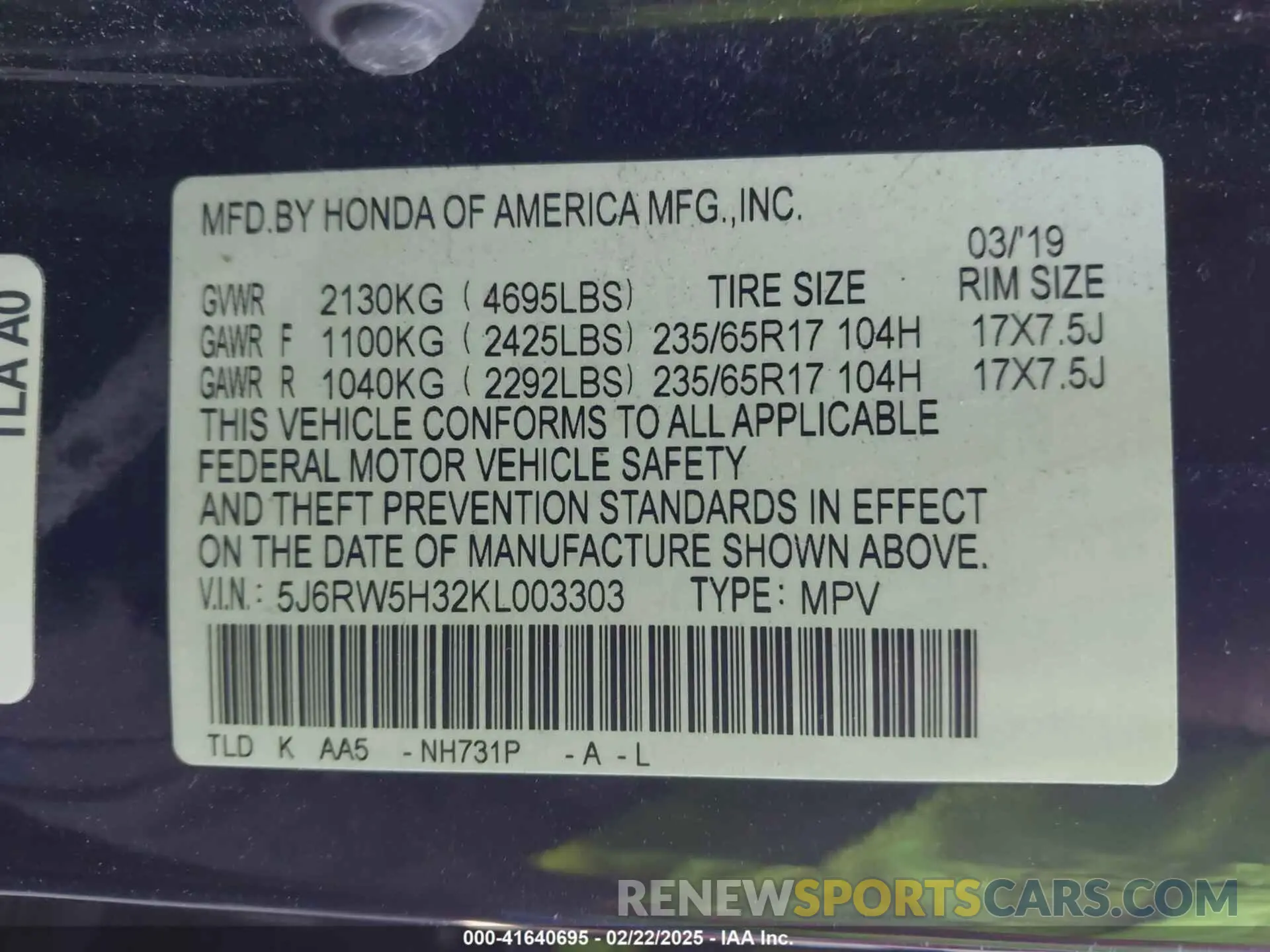 9 Photograph of a damaged car 5J6RW5H32KL003303 HONDA CR-V 2019
