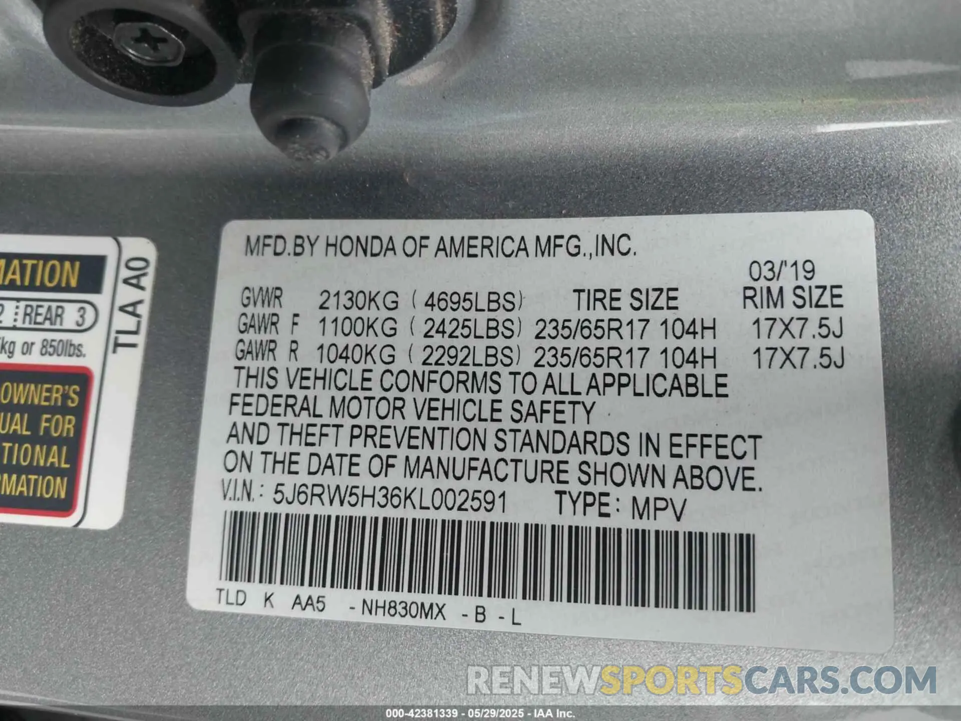 9 Photograph of a damaged car 5J6RW5H36KL002591 HONDA CR-V 2019