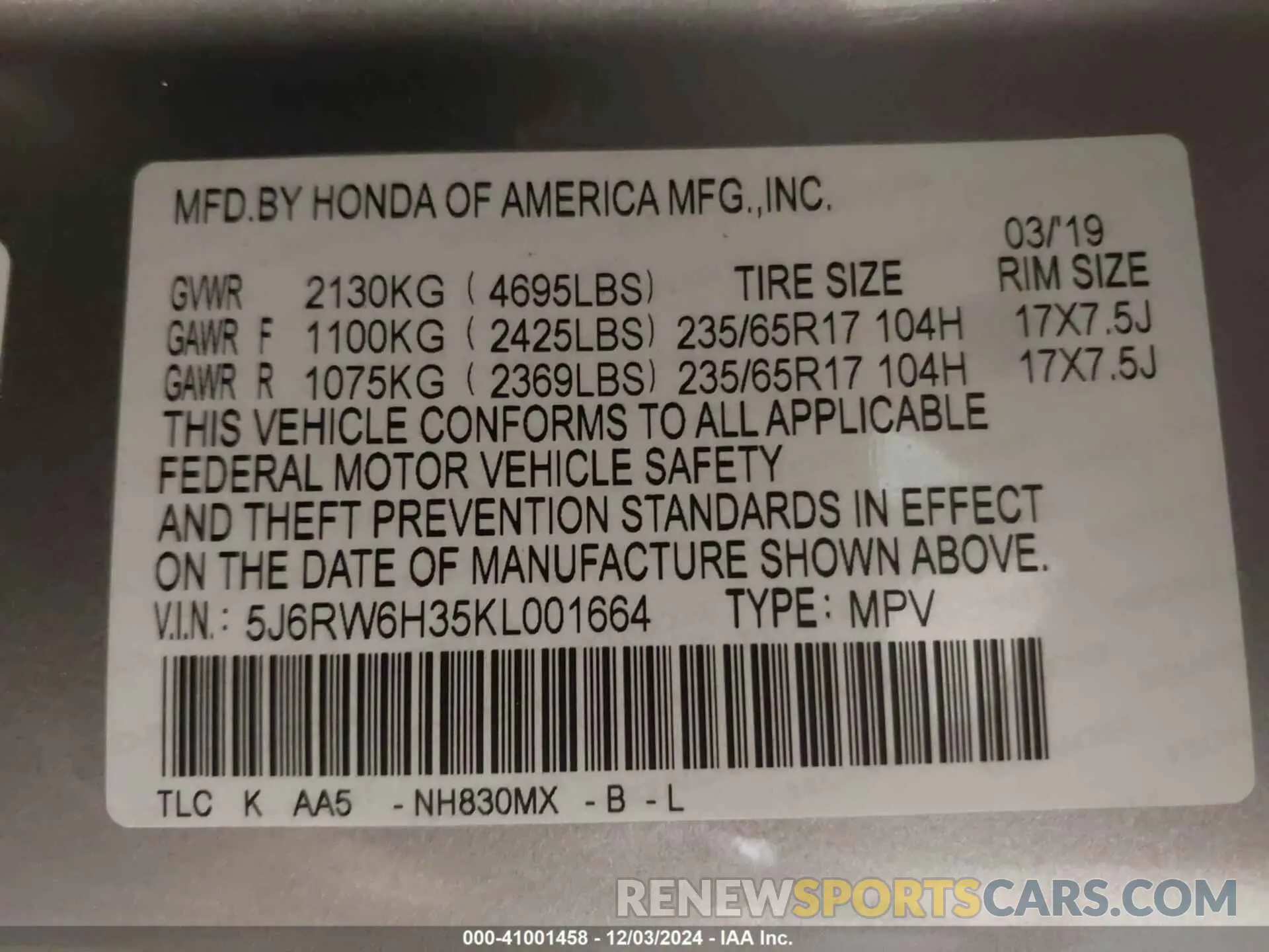 9 Photograph of a damaged car 5J6RW6H35KL001664 HONDA CR-V 2019