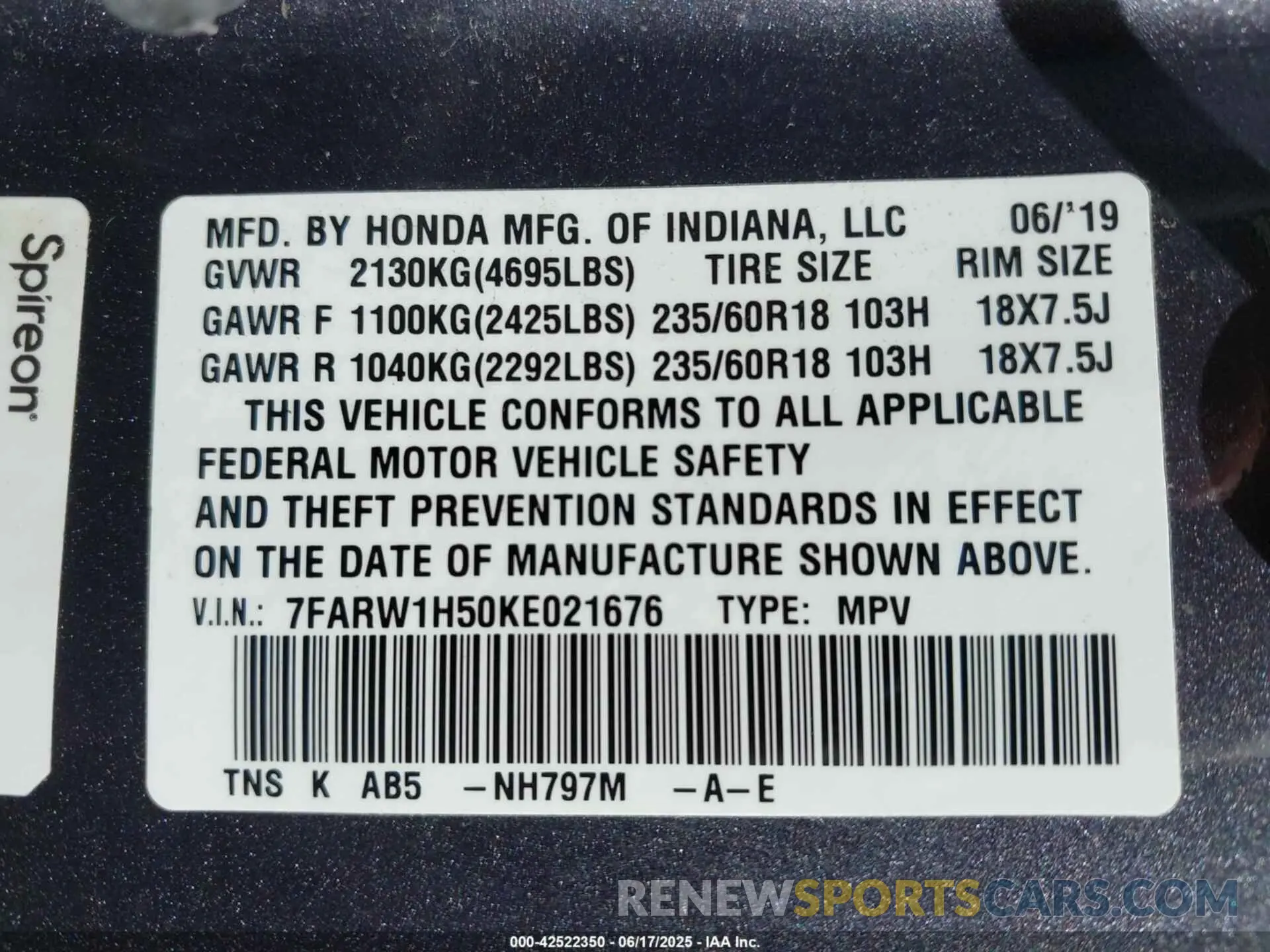 9 Photograph of a damaged car 7FARW1H50KE021676 HONDA CR-V 2019
