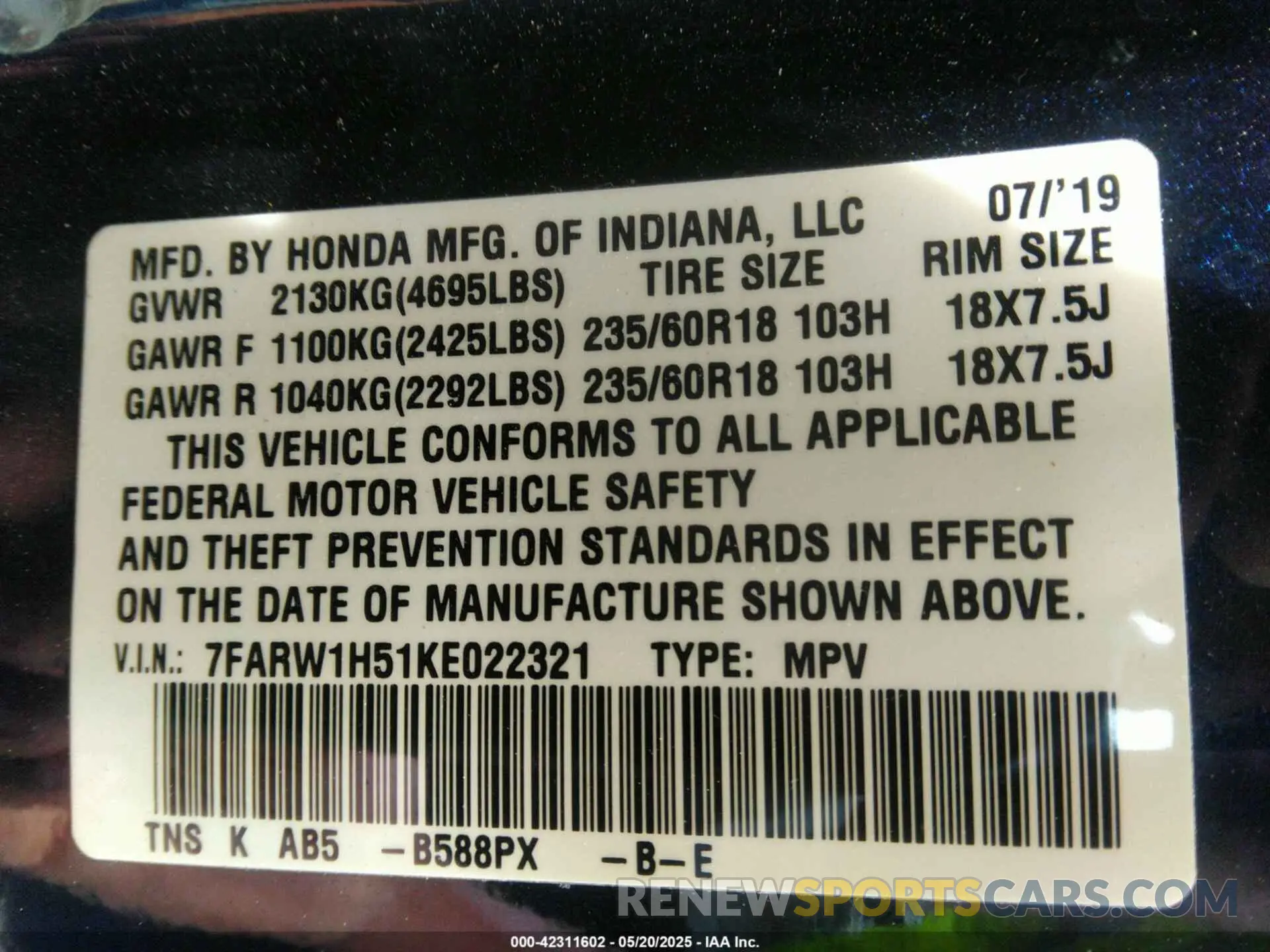 9 Photograph of a damaged car 7FARW1H51KE022321 HONDA CR-V 2019