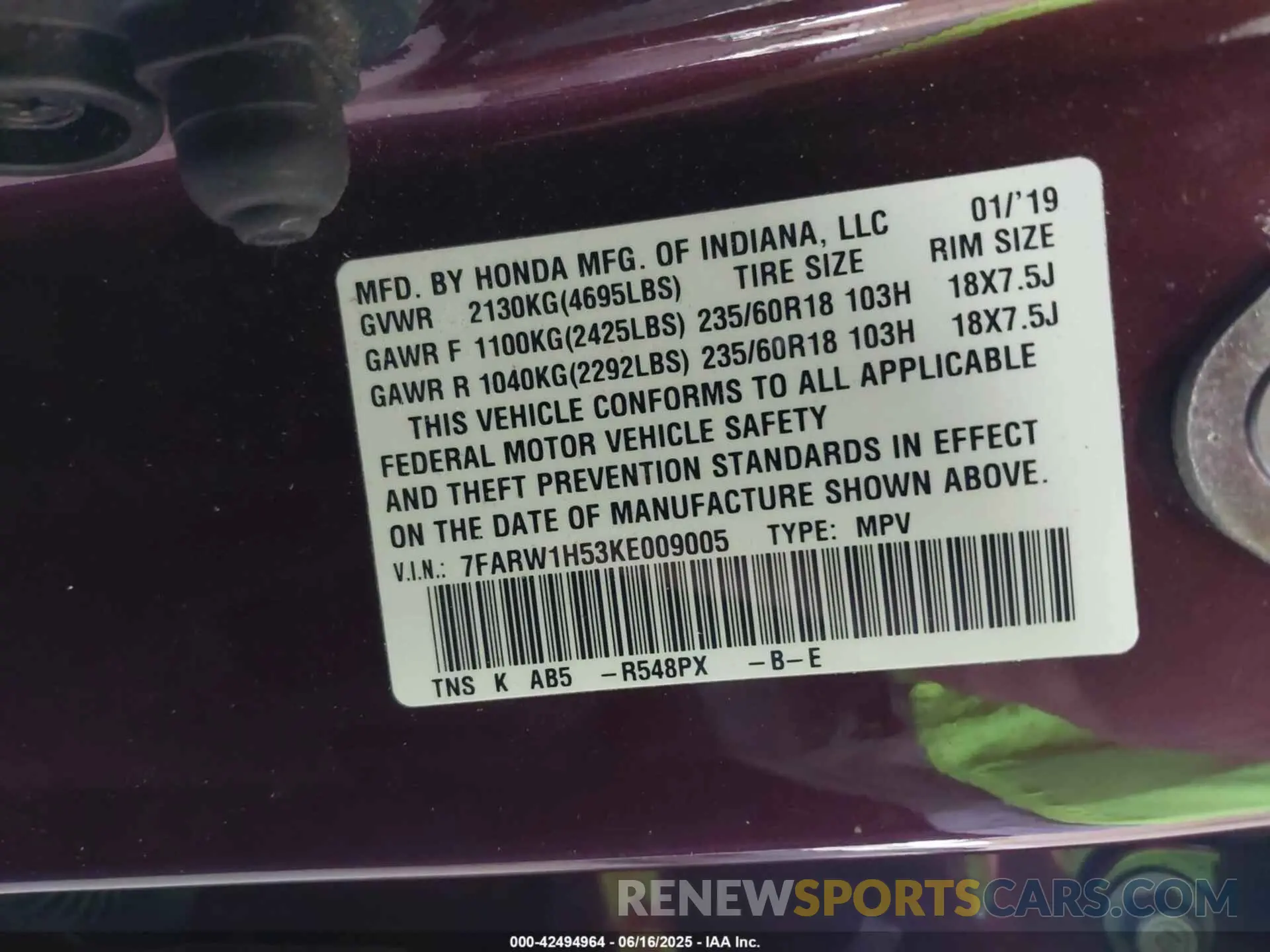 9 Photograph of a damaged car 7FARW1H53KE009005 HONDA CR-V 2019