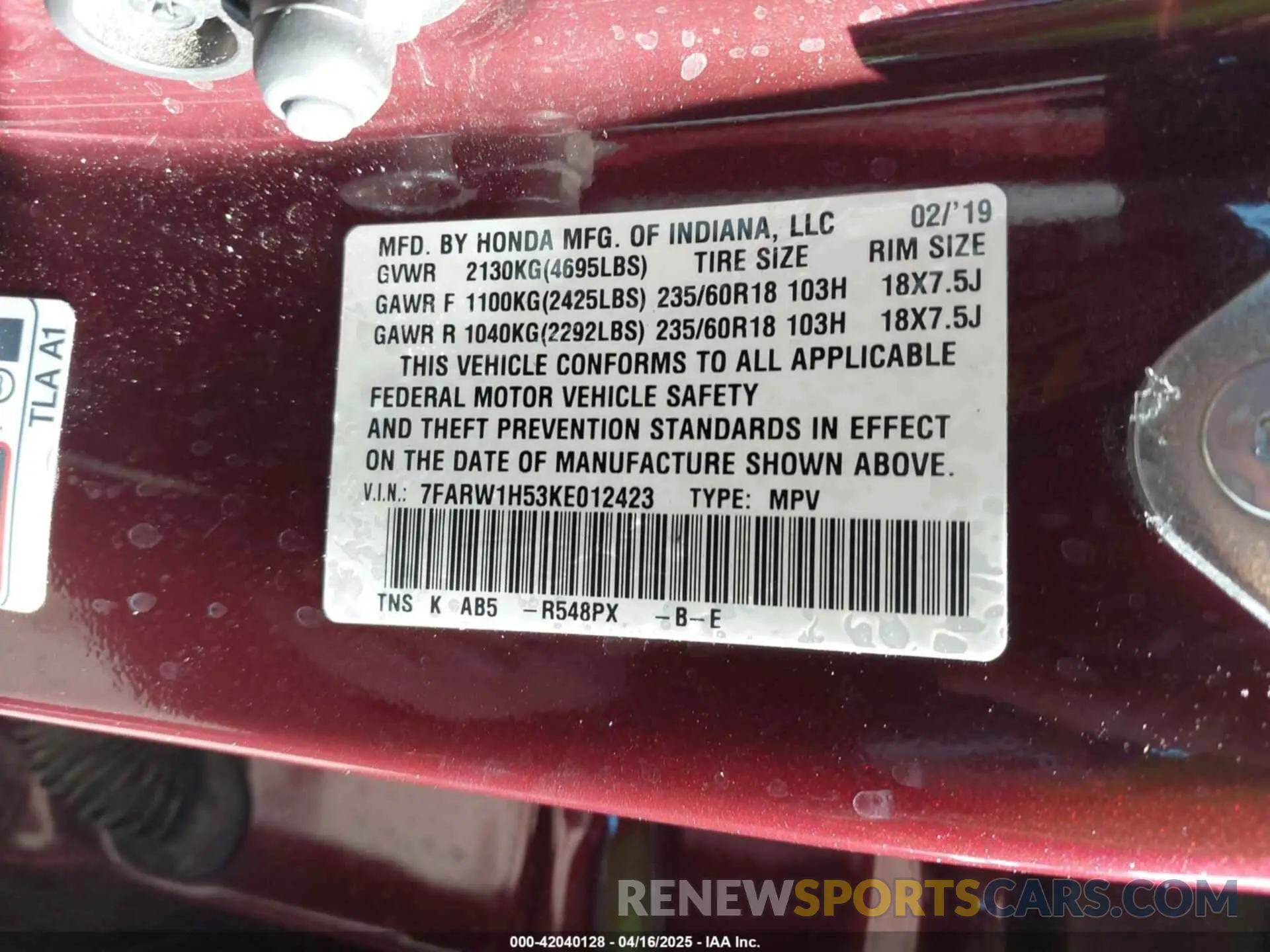 9 Photograph of a damaged car 7FARW1H53KE012423 HONDA CR-V 2019