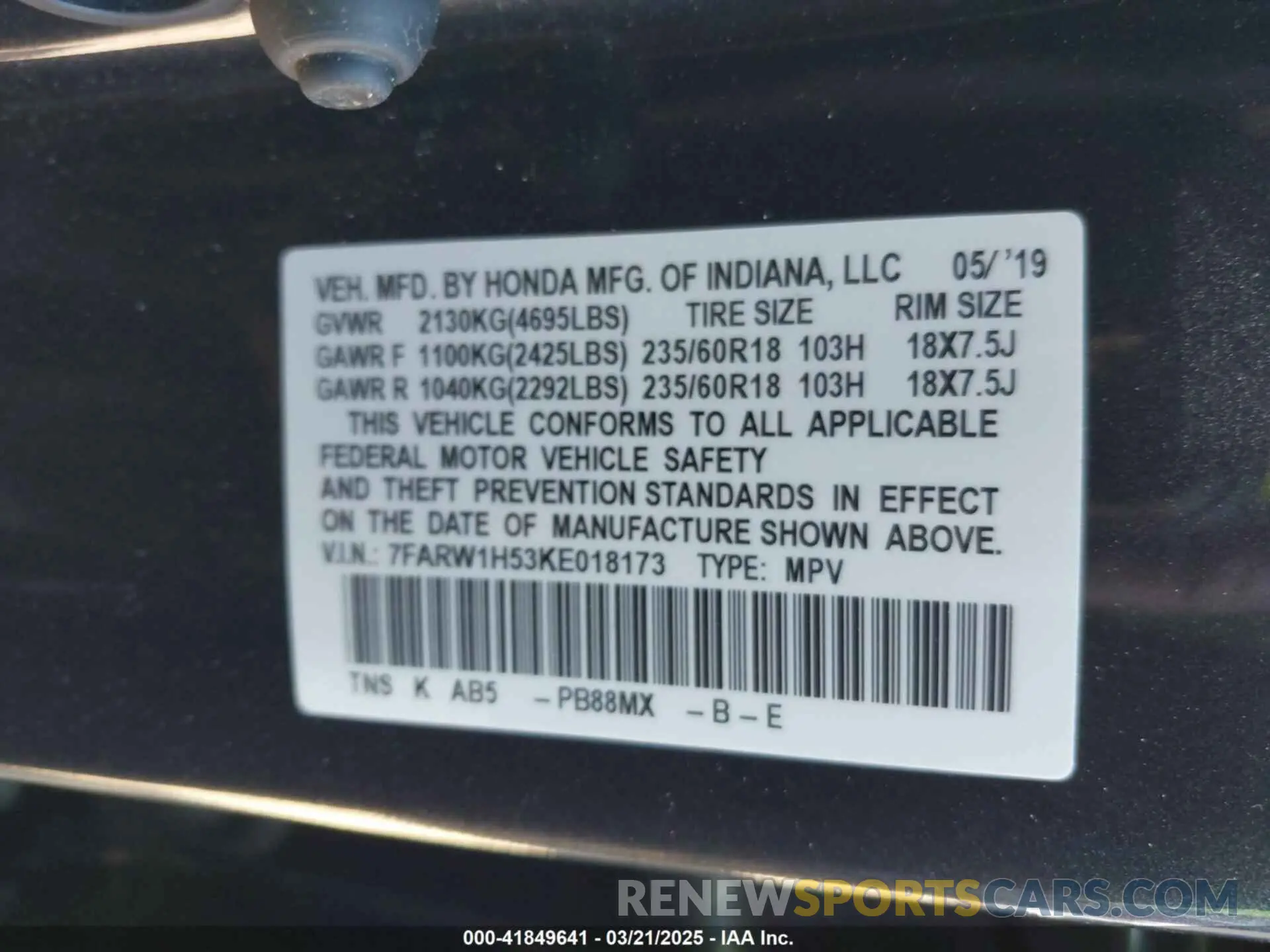 9 Photograph of a damaged car 7FARW1H53KE018173 HONDA CR-V 2019