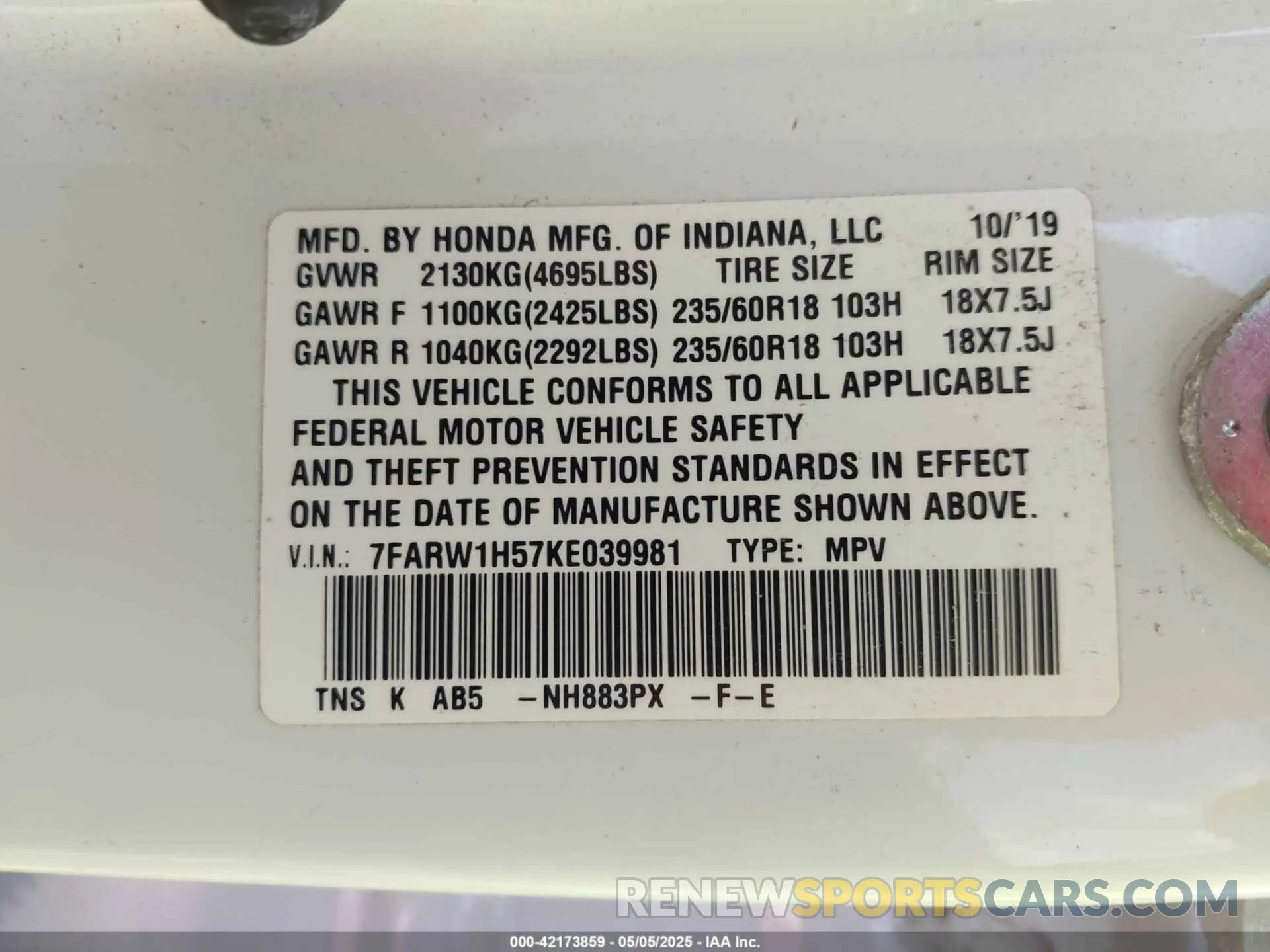 9 Photograph of a damaged car 7FARW1H57KE039981 HONDA CR-V 2019