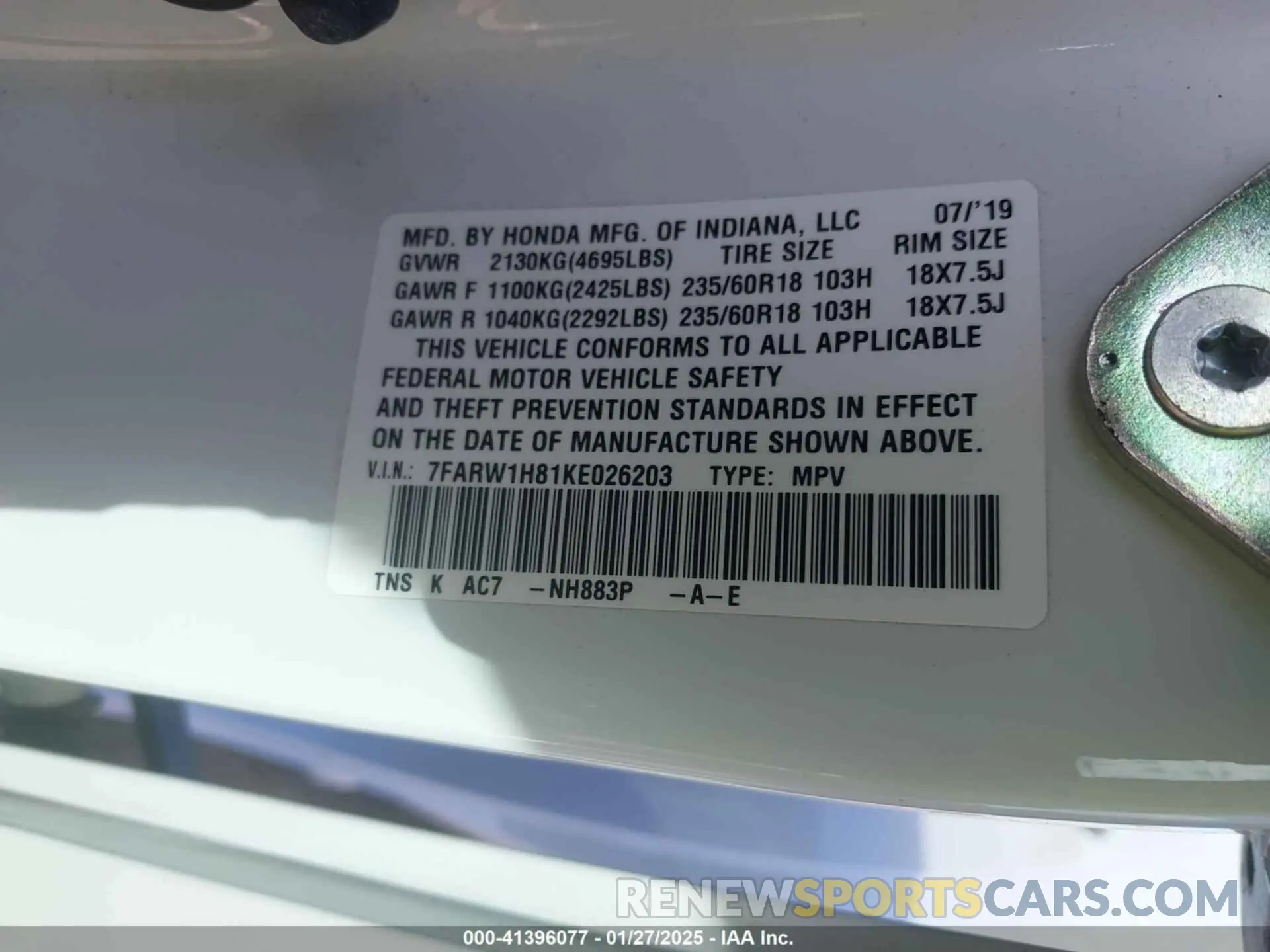 9 Photograph of a damaged car 7FARW1H81KE026203 HONDA CR-V 2019