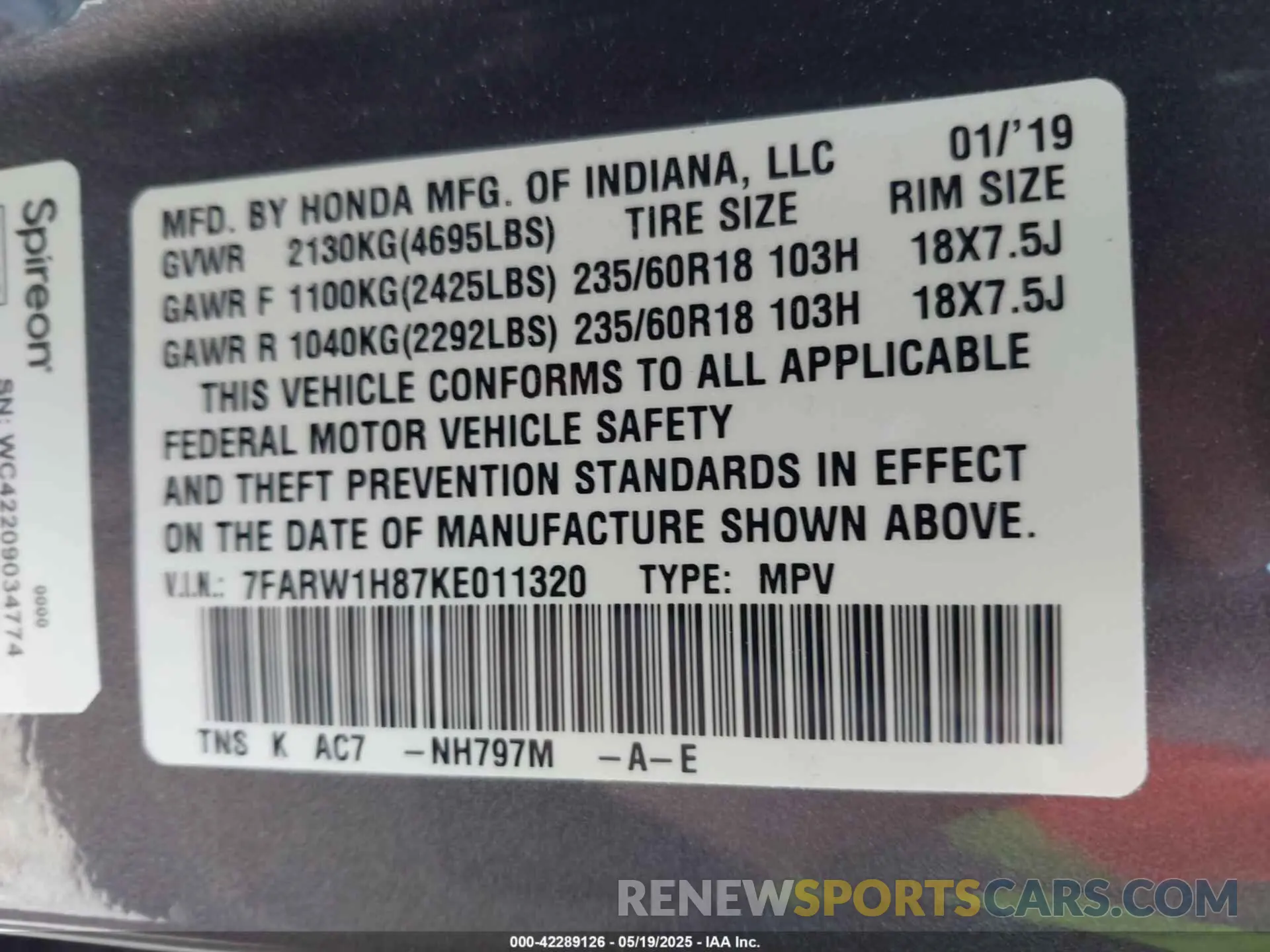 9 Photograph of a damaged car 7FARW1H87KE011320 HONDA CR-V 2019