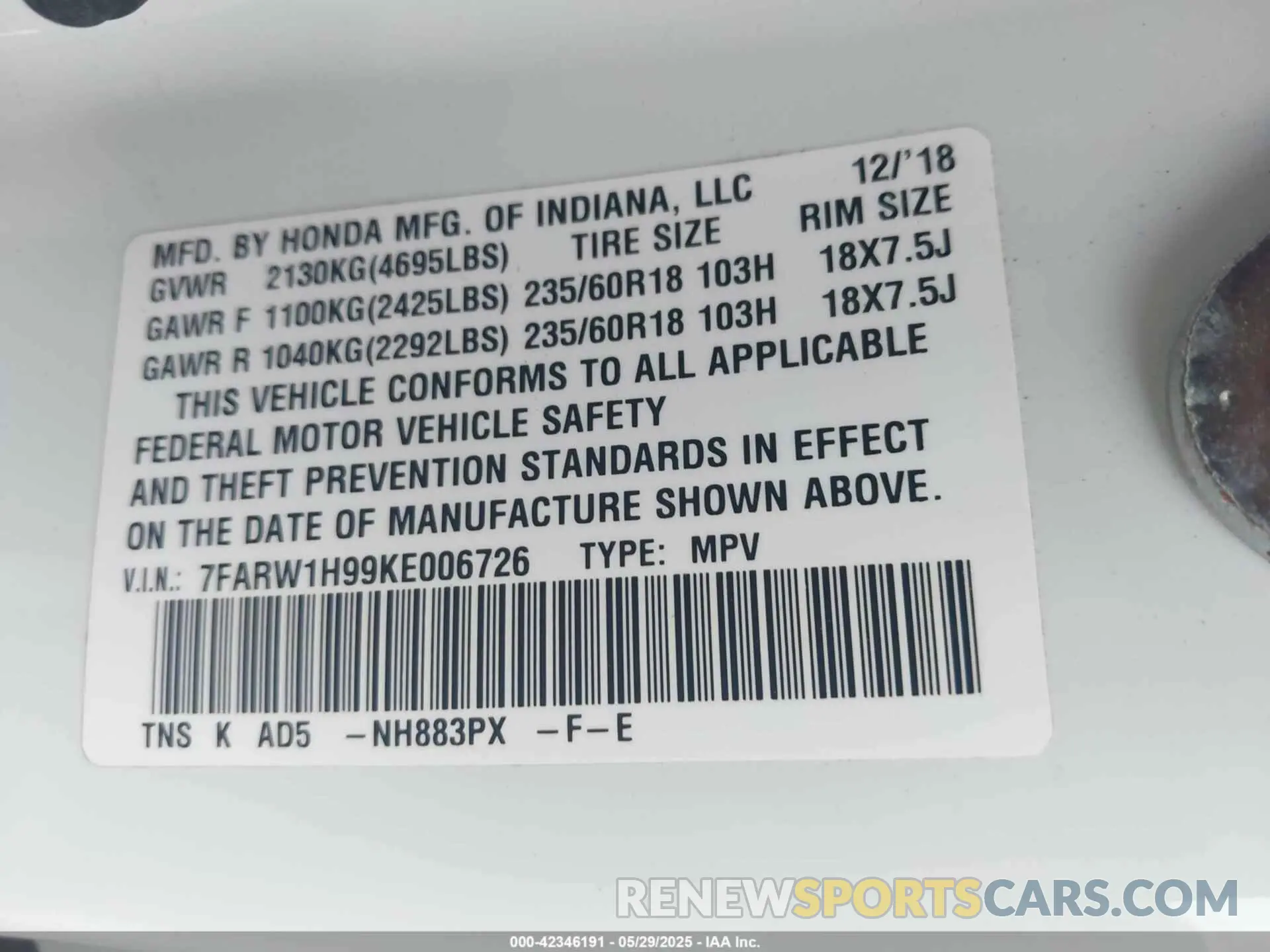 9 Photograph of a damaged car 7FARW1H99KE006726 HONDA CR-V 2019