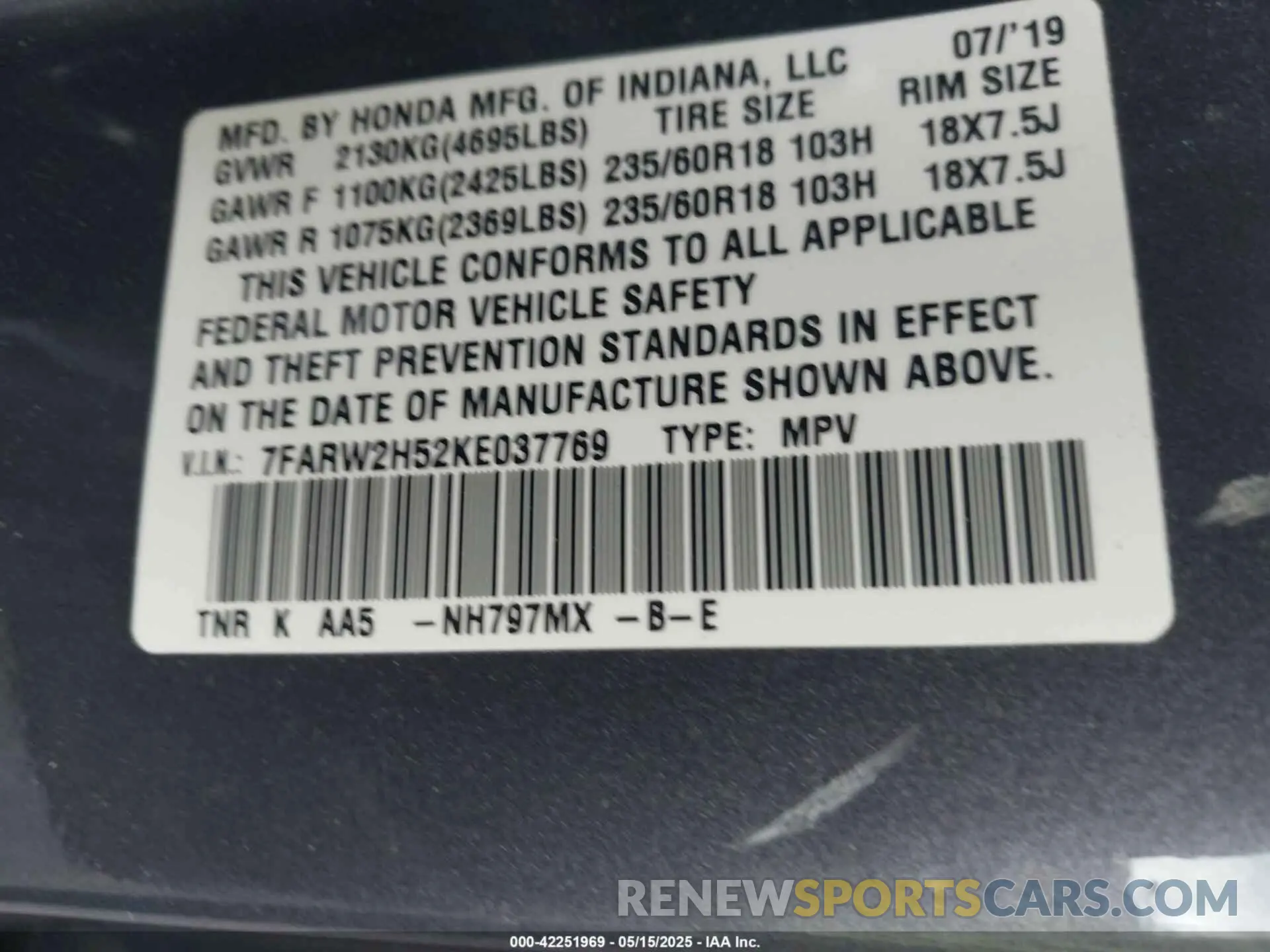 9 Photograph of a damaged car 7FARW2H52KE037769 HONDA CR-V 2019