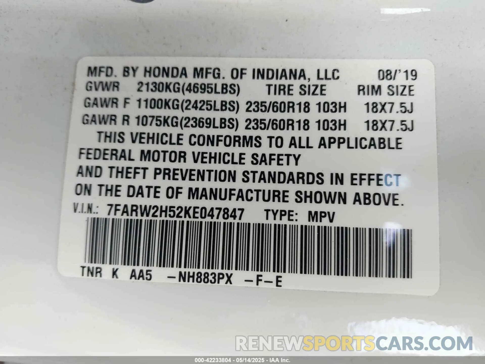 9 Photograph of a damaged car 7FARW2H52KE047847 HONDA CR-V 2019