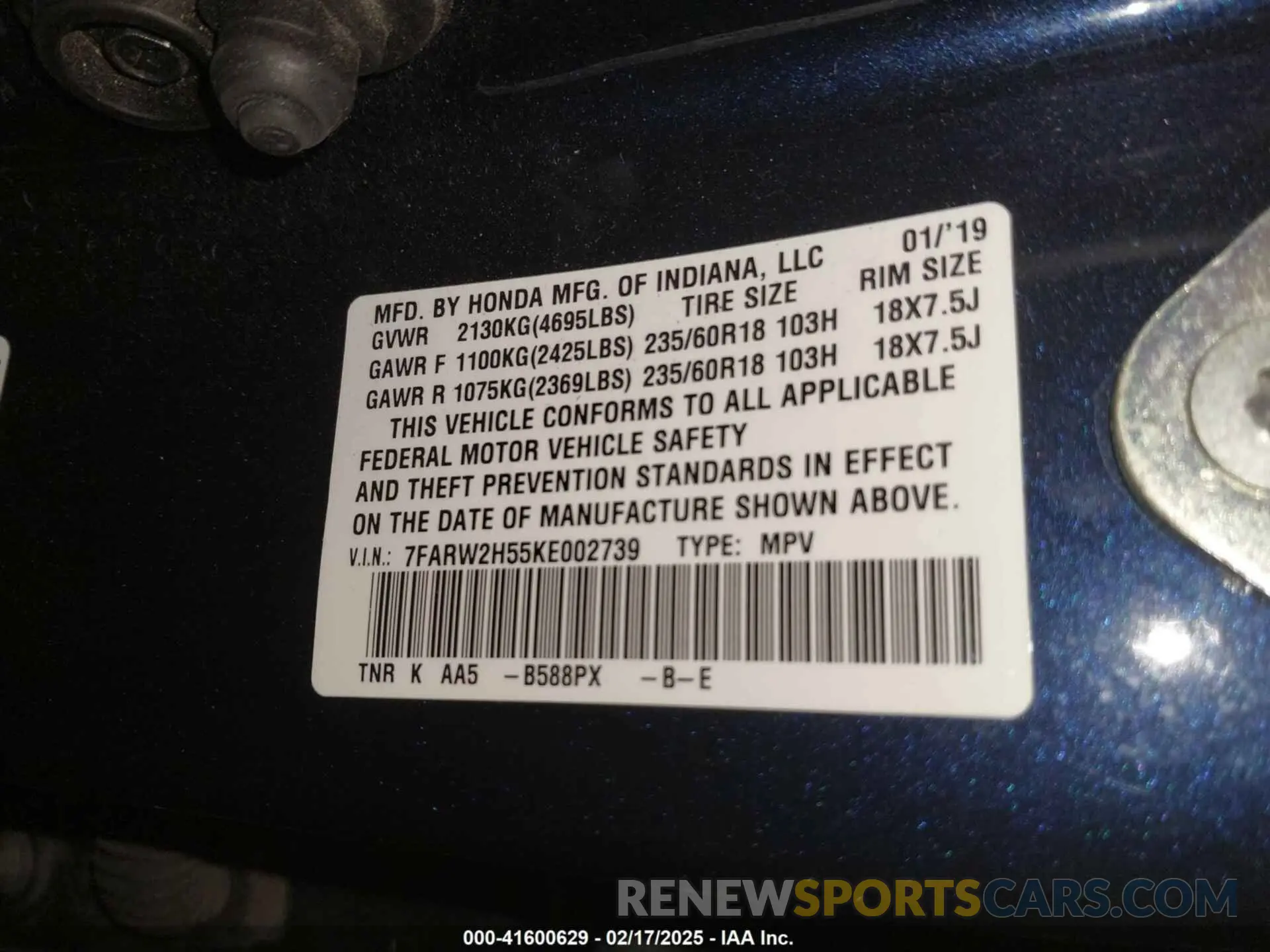 9 Photograph of a damaged car 7FARW2H55KE002739 HONDA CR-V 2019