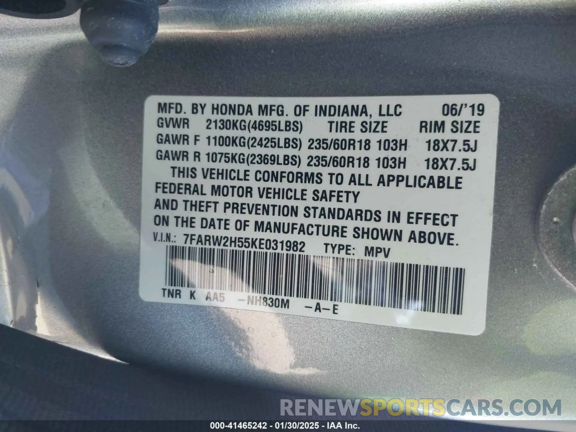 9 Photograph of a damaged car 7FARW2H55KE031982 HONDA CR-V 2019