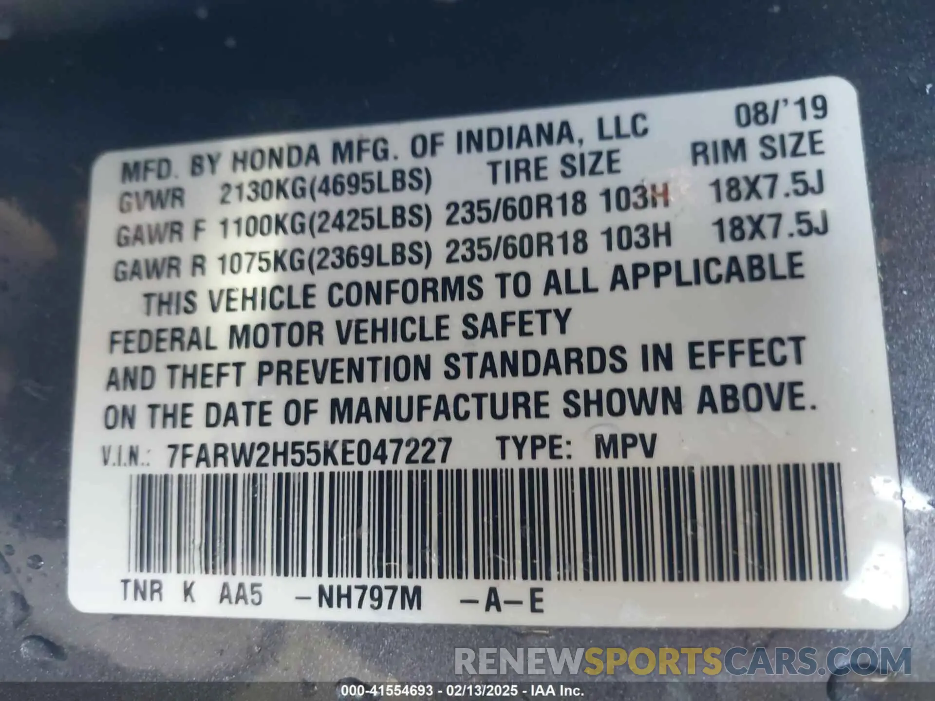 9 Photograph of a damaged car 7FARW2H55KE047227 HONDA CR-V 2019