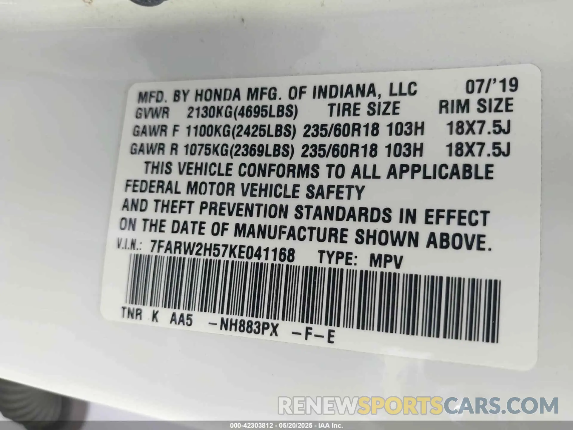 9 Photograph of a damaged car 7FARW2H57KE041168 HONDA CR-V 2019