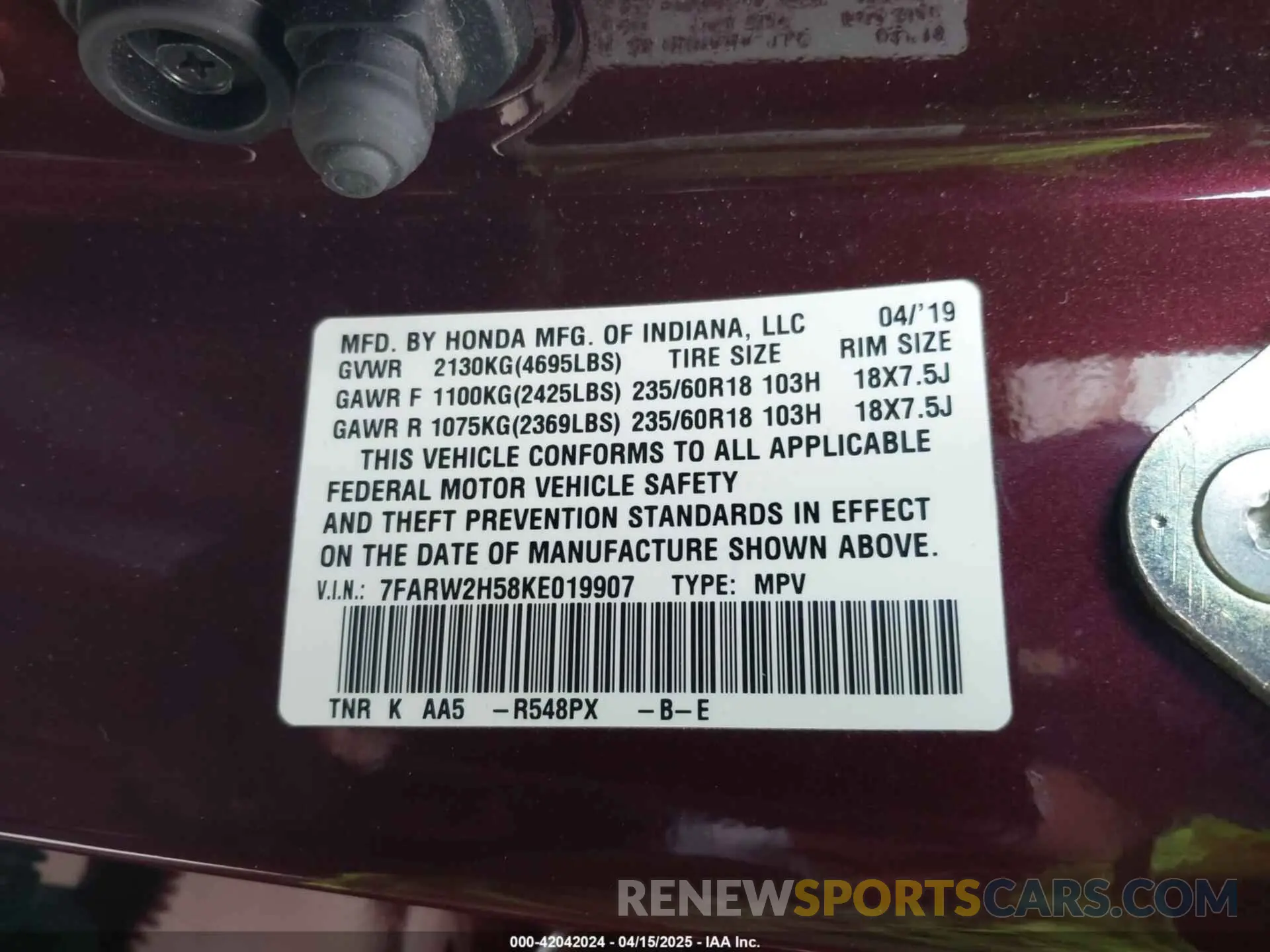 9 Photograph of a damaged car 7FARW2H58KE019907 HONDA CR-V 2019