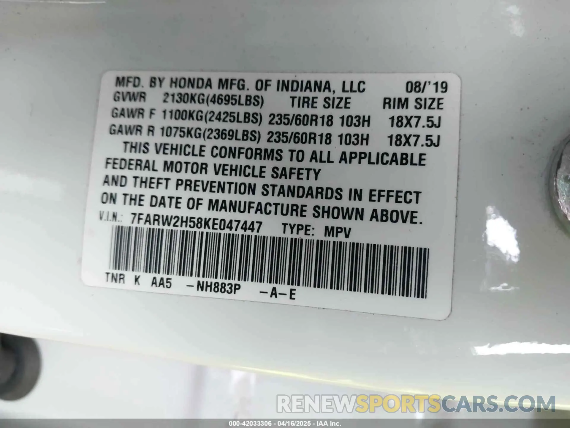 9 Photograph of a damaged car 7FARW2H58KE047447 HONDA CR-V 2019