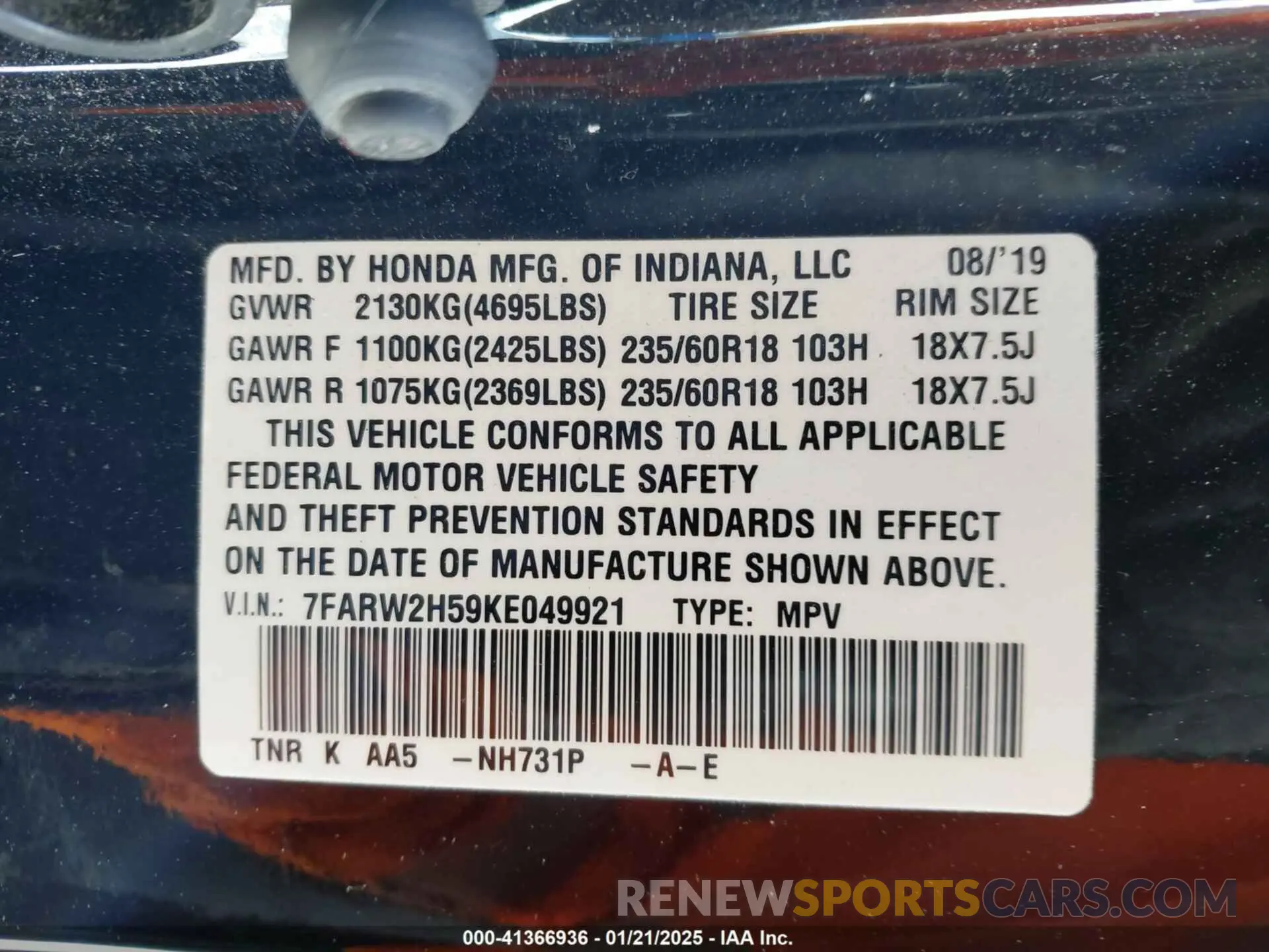 9 Photograph of a damaged car 7FARW2H59KE049921 HONDA CR-V 2019