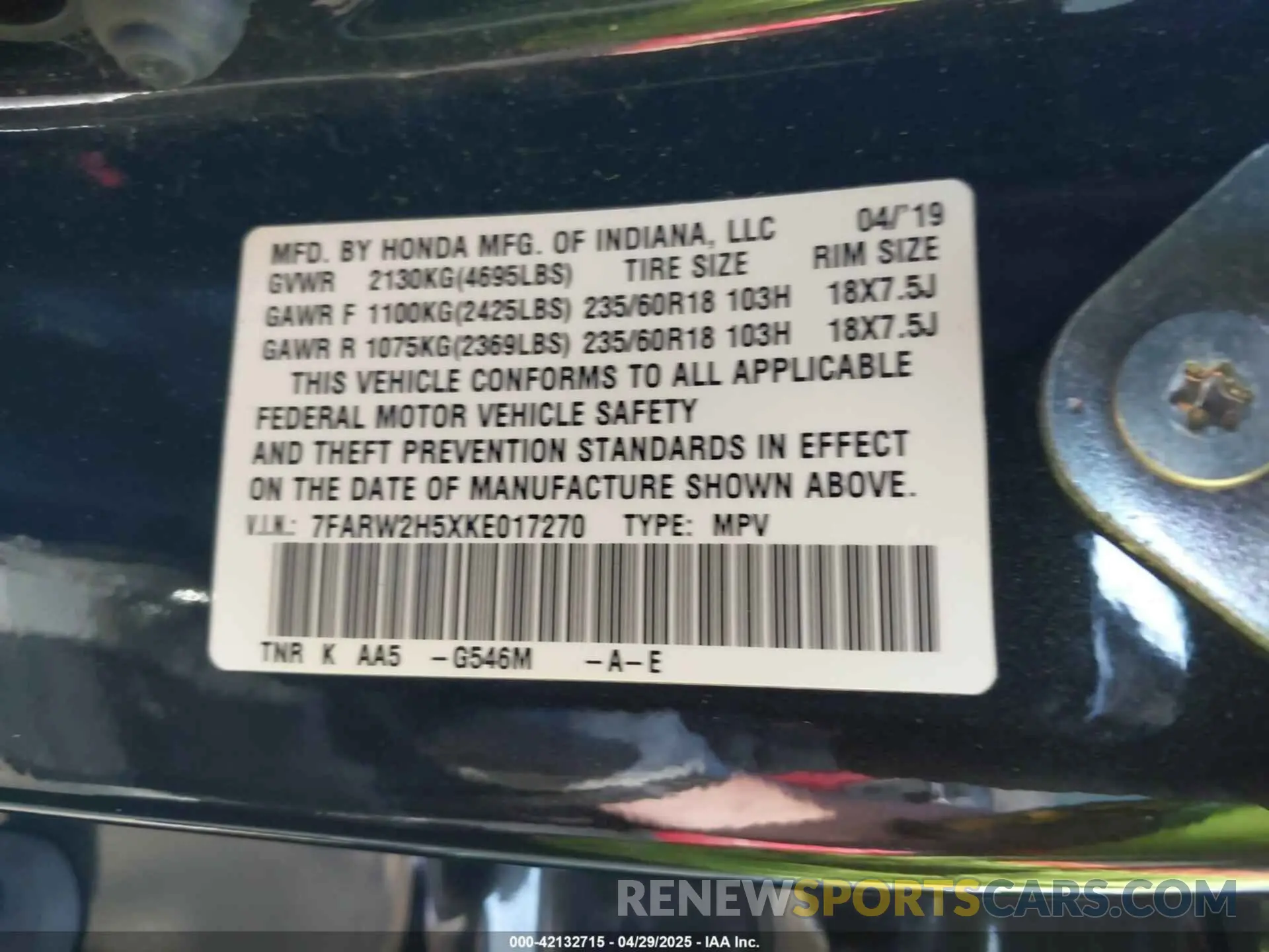 9 Photograph of a damaged car 7FARW2H5XKE017270 HONDA CR-V 2019