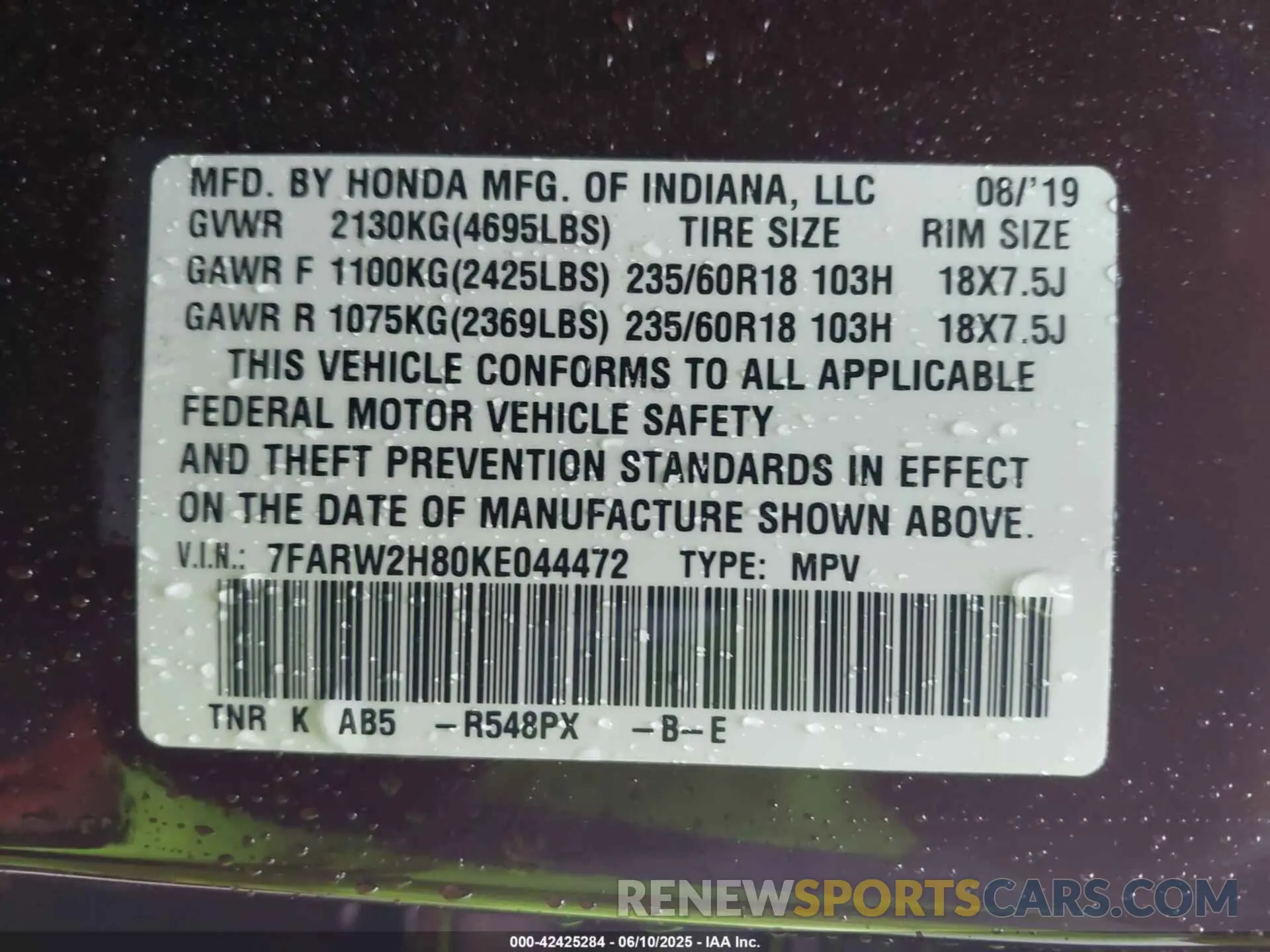 9 Photograph of a damaged car 7FARW2H80KE044472 HONDA CR-V 2019