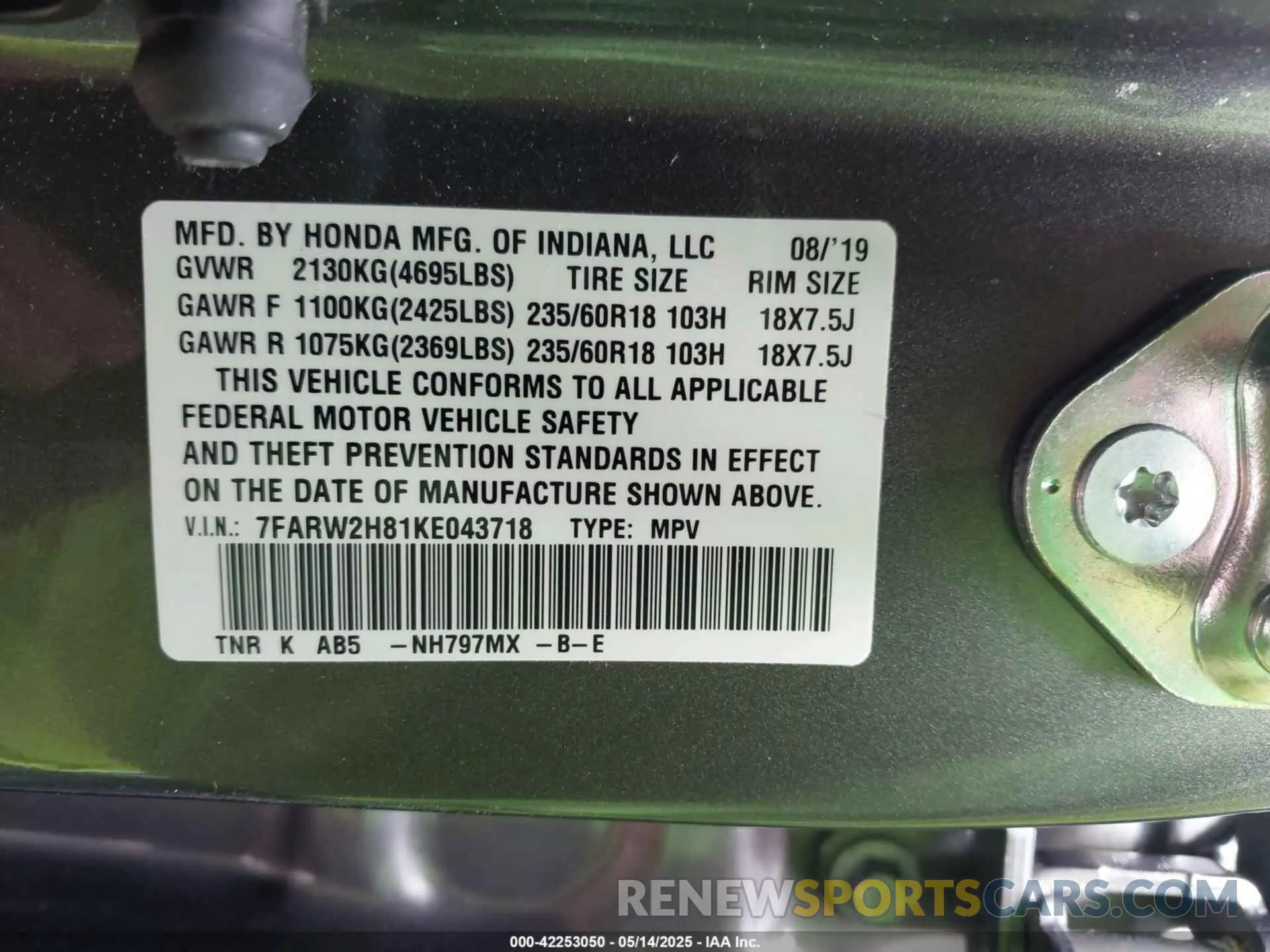 9 Photograph of a damaged car 7FARW2H81KE043718 HONDA CR-V 2019