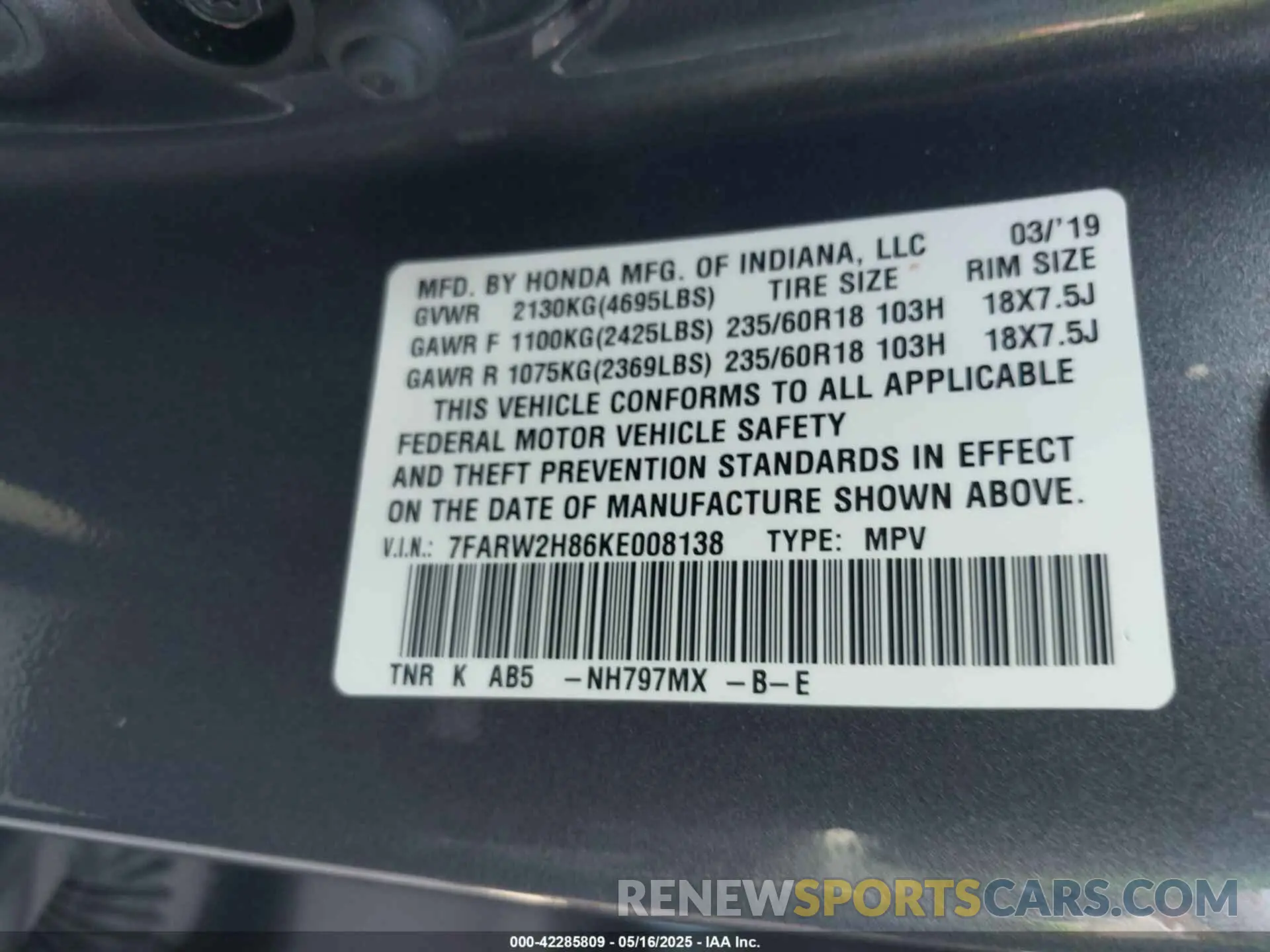 9 Photograph of a damaged car 7FARW2H86KE008138 HONDA CR-V 2019
