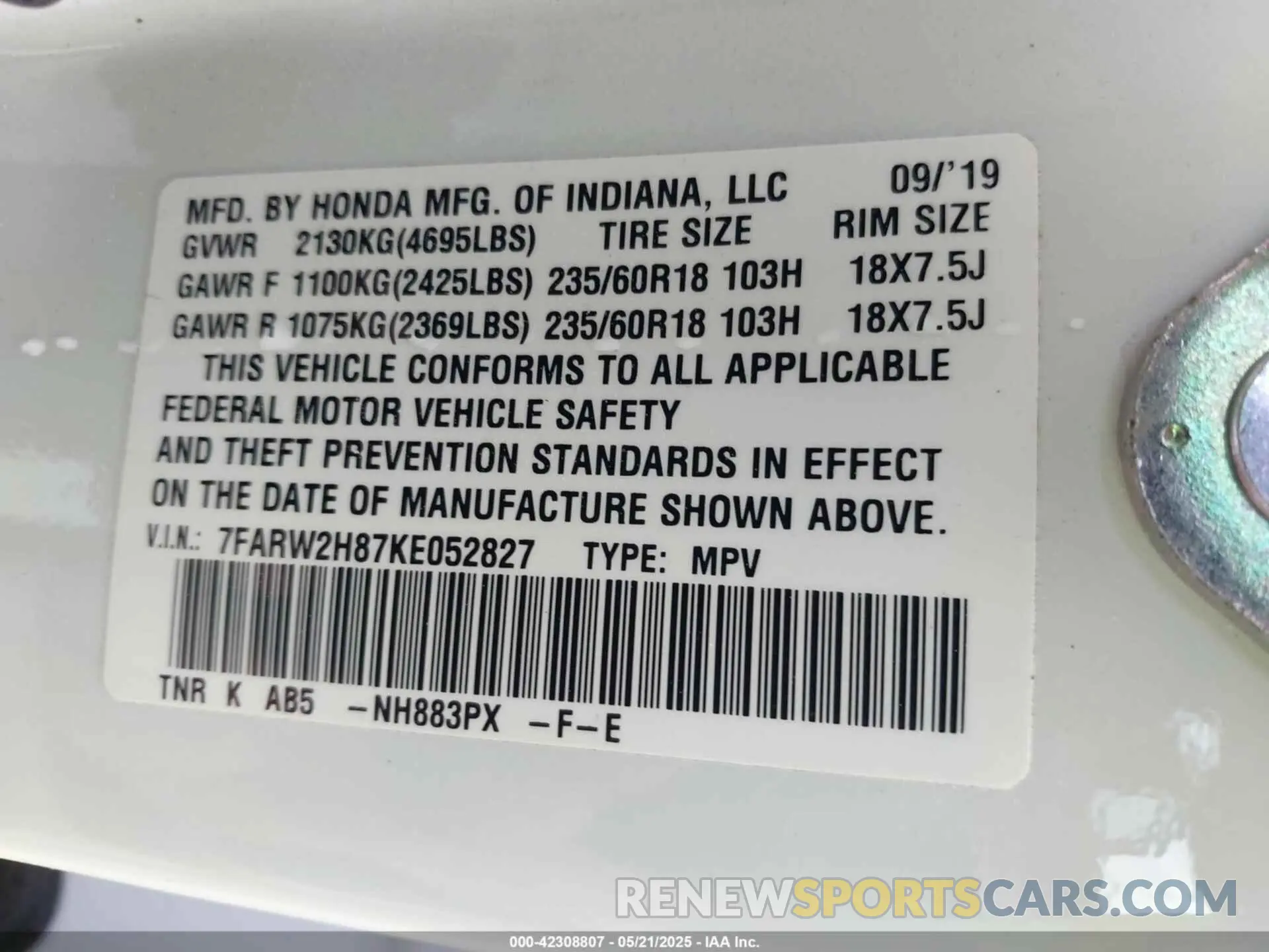 9 Photograph of a damaged car 7FARW2H87KE052827 HONDA CR-V 2019