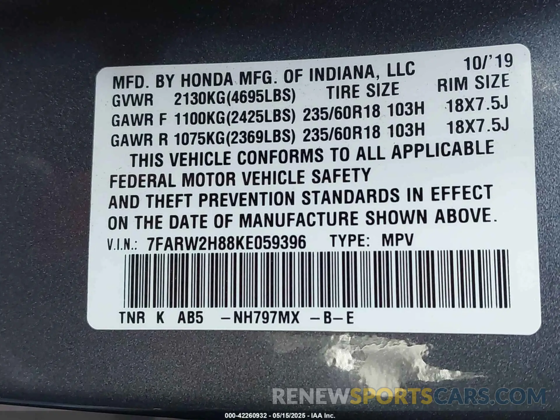 9 Photograph of a damaged car 7FARW2H88KE059396 HONDA CR-V 2019