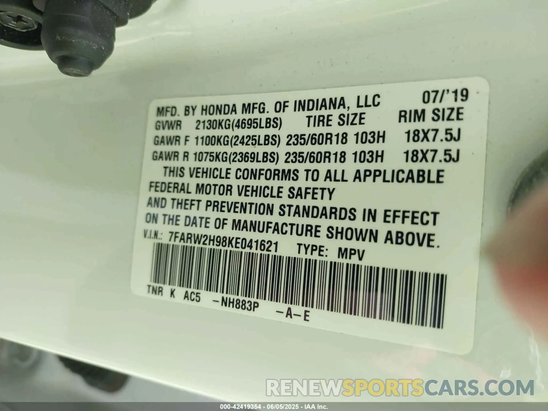 9 Photograph of a damaged car 7FARW2H98KE041621 HONDA CR-V 2019