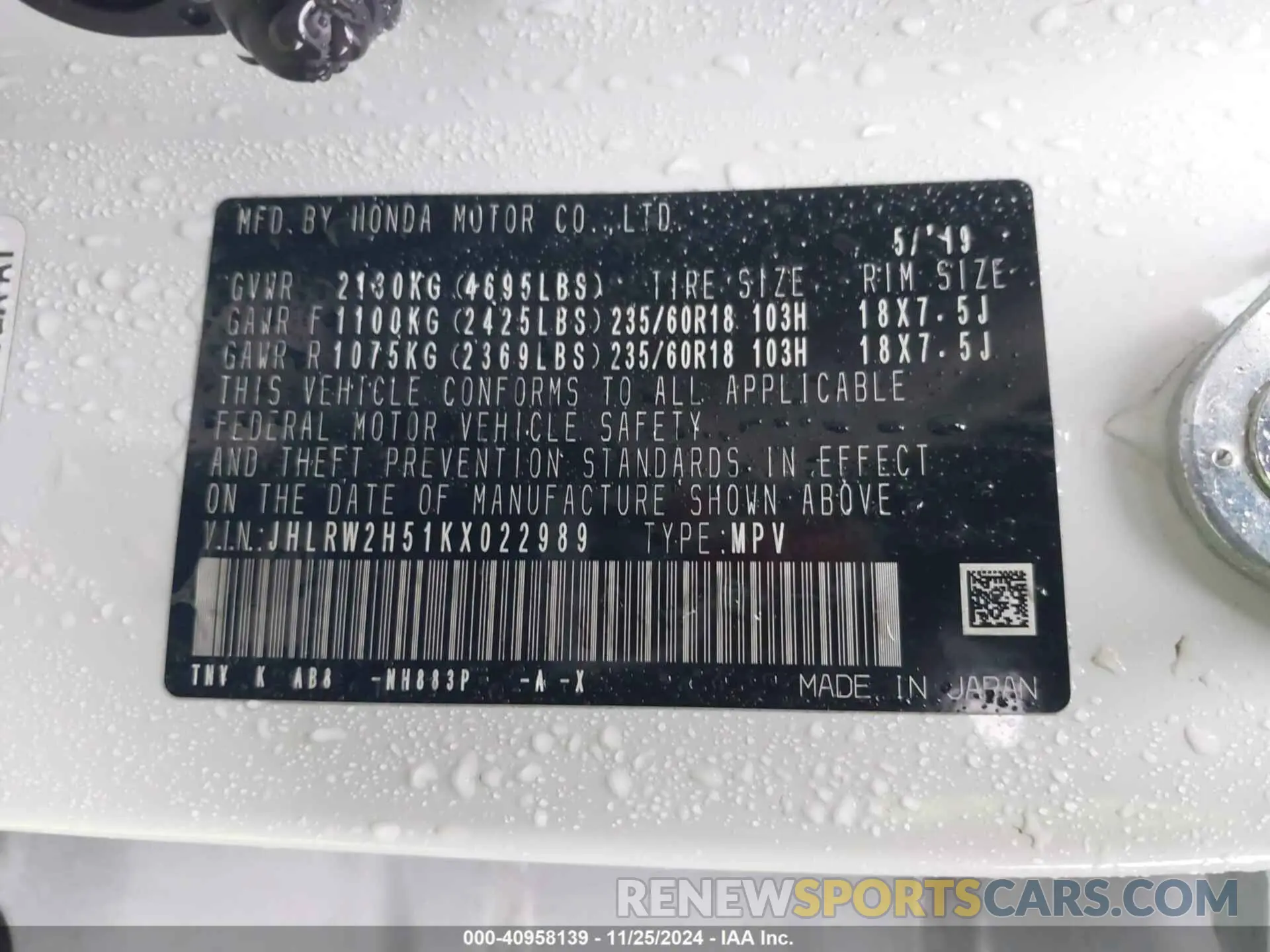 9 Photograph of a damaged car JHLRW2H51KX022989 HONDA CR-V 2019