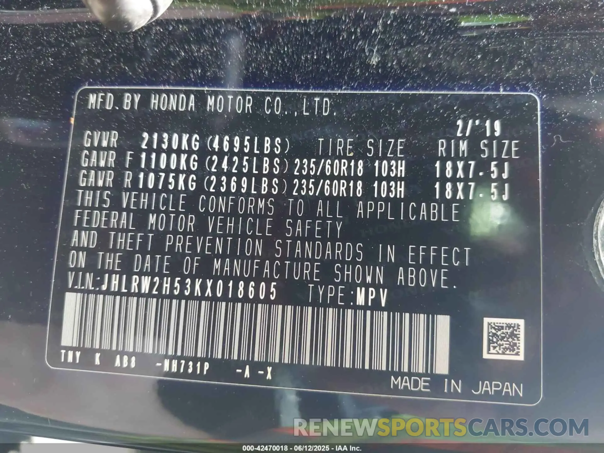 9 Photograph of a damaged car JHLRW2H53KX018605 HONDA CR-V 2019