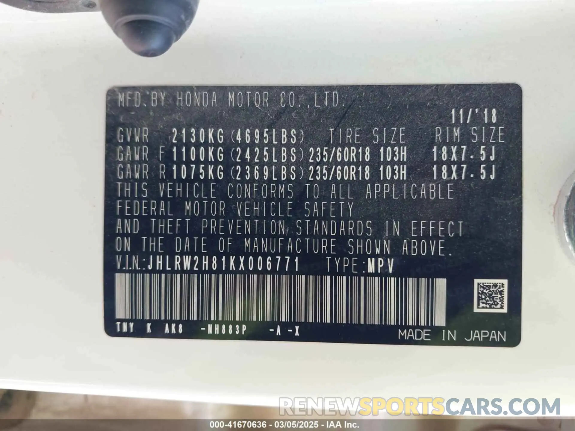 9 Photograph of a damaged car JHLRW2H81KX006771 HONDA CR-V 2019