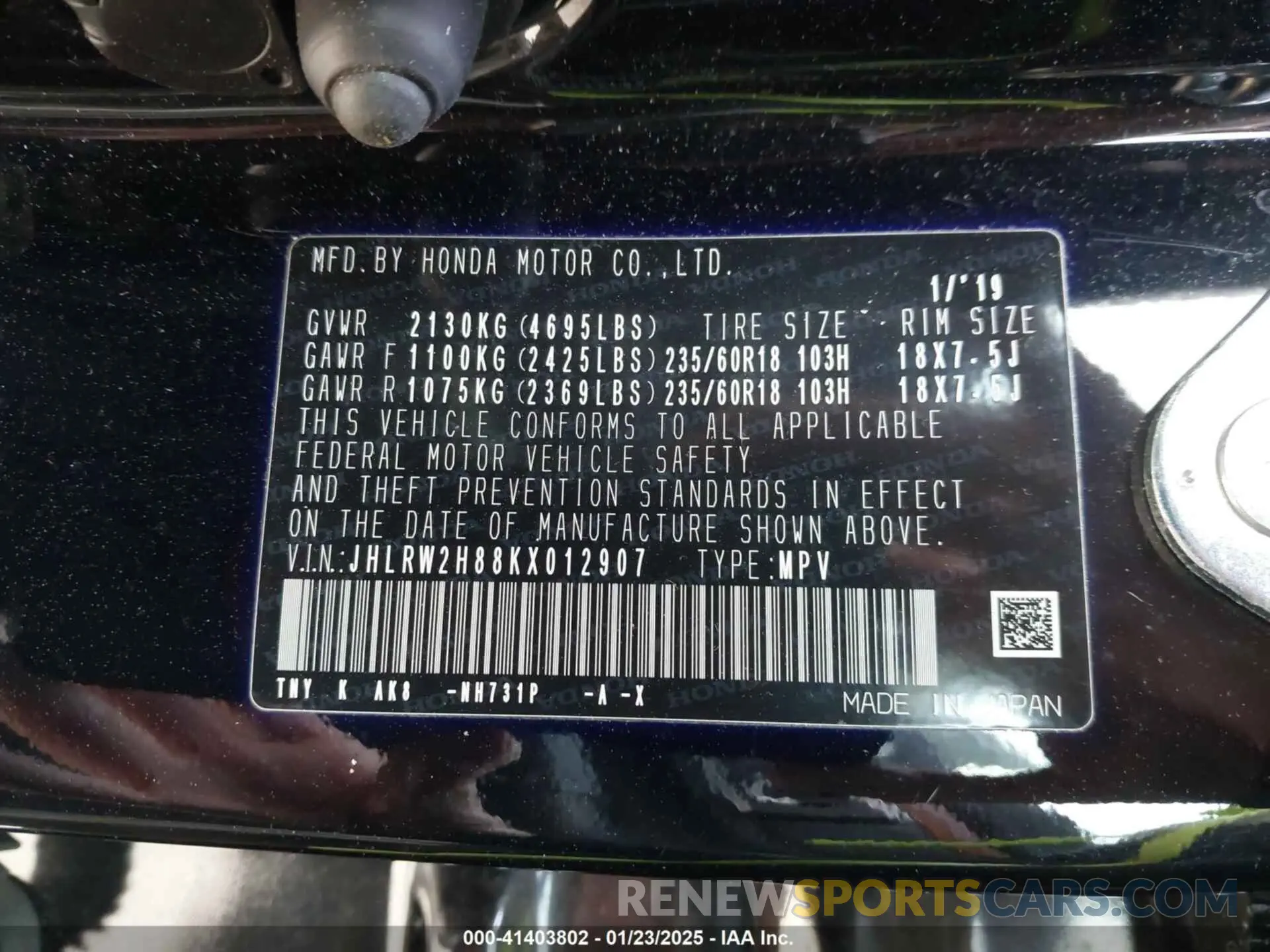 9 Photograph of a damaged car JHLRW2H88KX012907 HONDA CR-V 2019