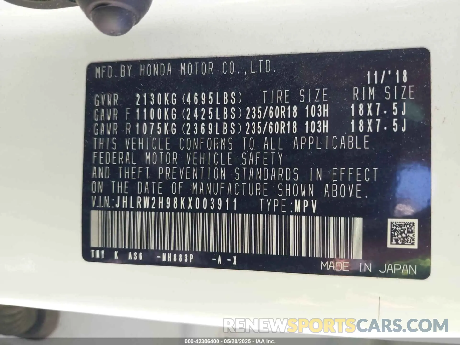9 Photograph of a damaged car JHLRW2H98KX003911 HONDA CR-V 2019