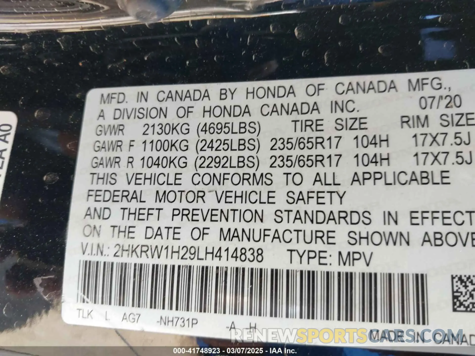 9 Photograph of a damaged car 2HKRW1H29LH414838 HONDA CR-V 2020