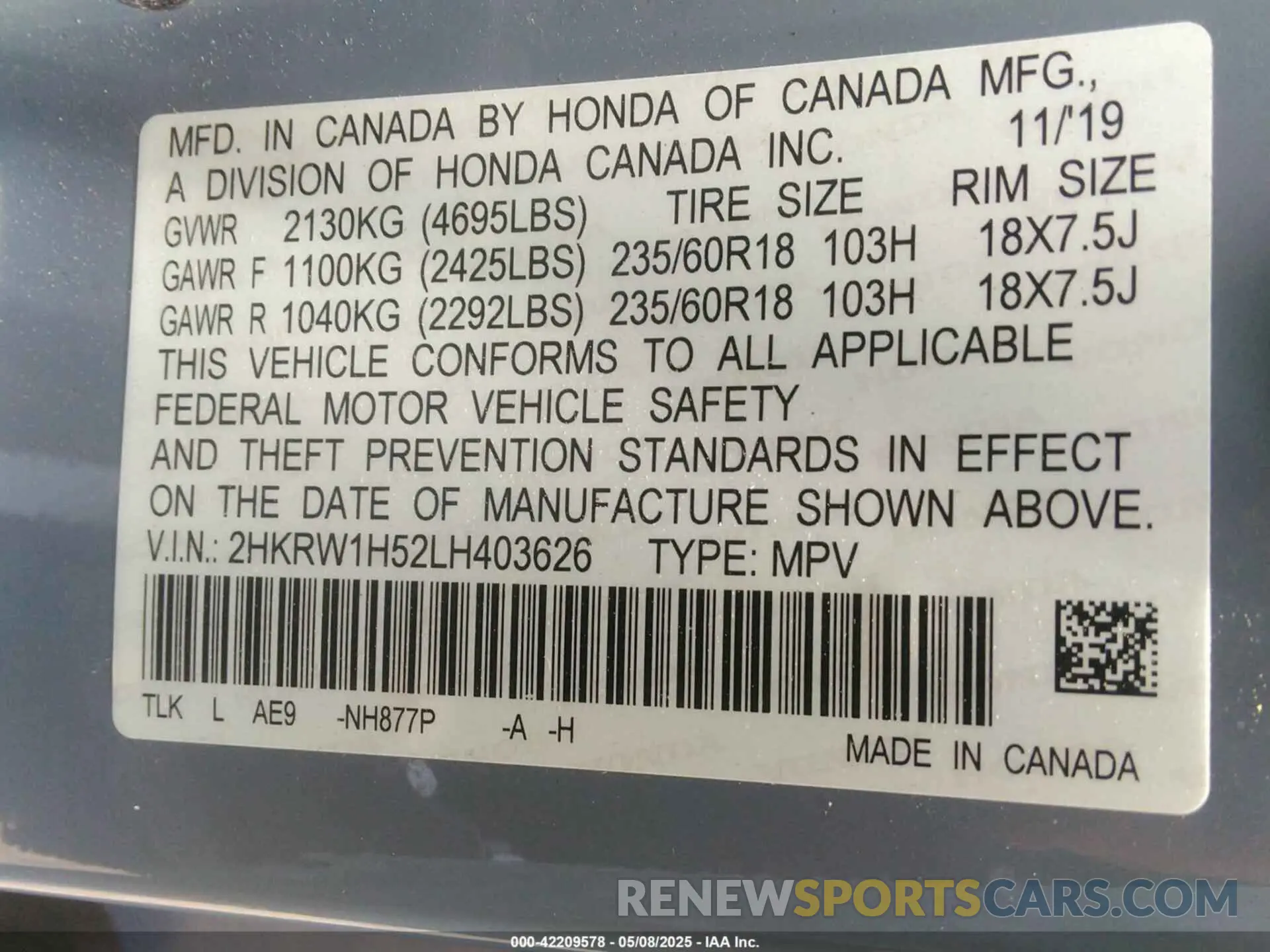 9 Photograph of a damaged car 2HKRW1H52LH403626 HONDA CR-V 2020