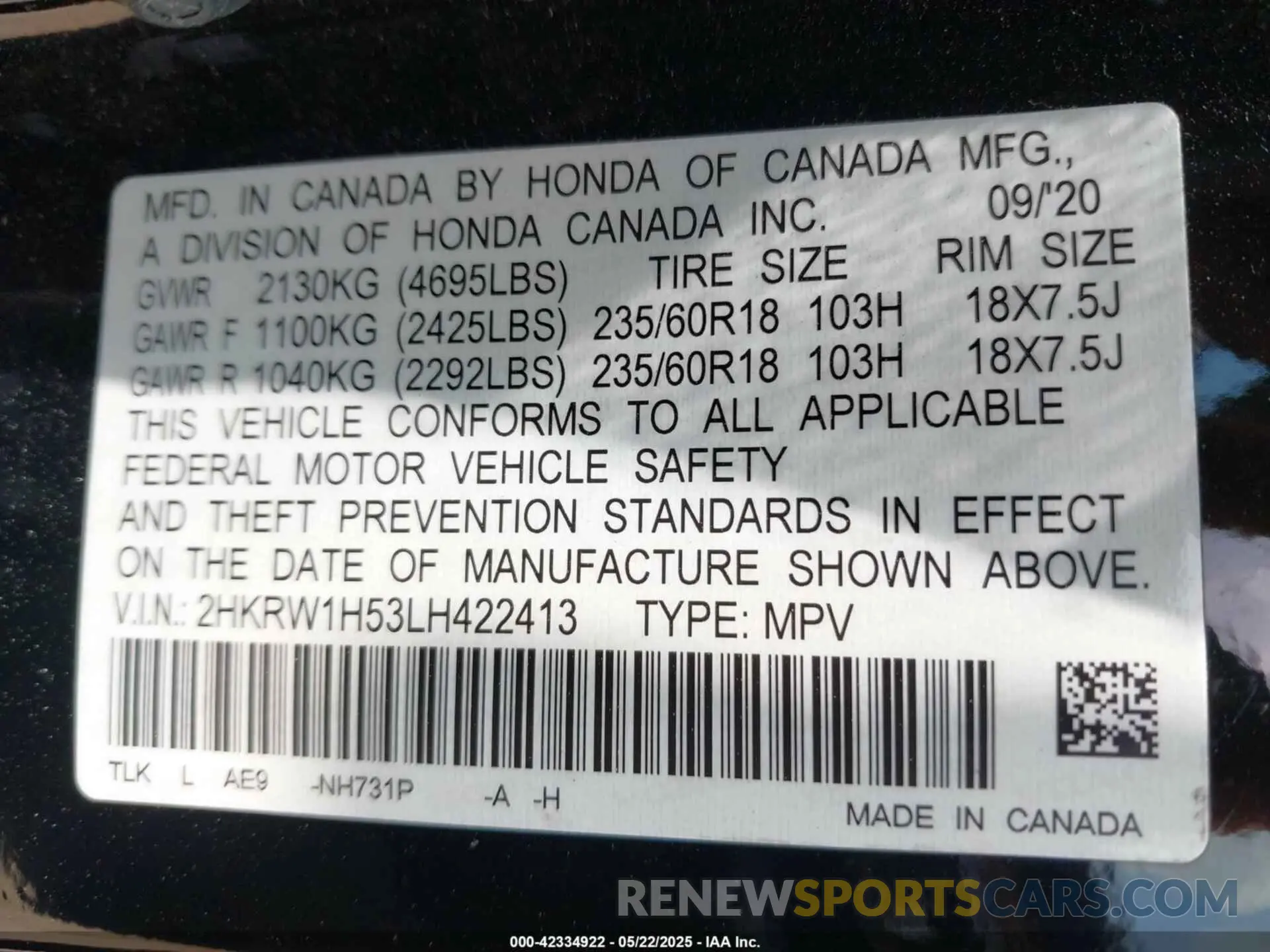 9 Photograph of a damaged car 2HKRW1H53LH422413 HONDA CR-V 2020