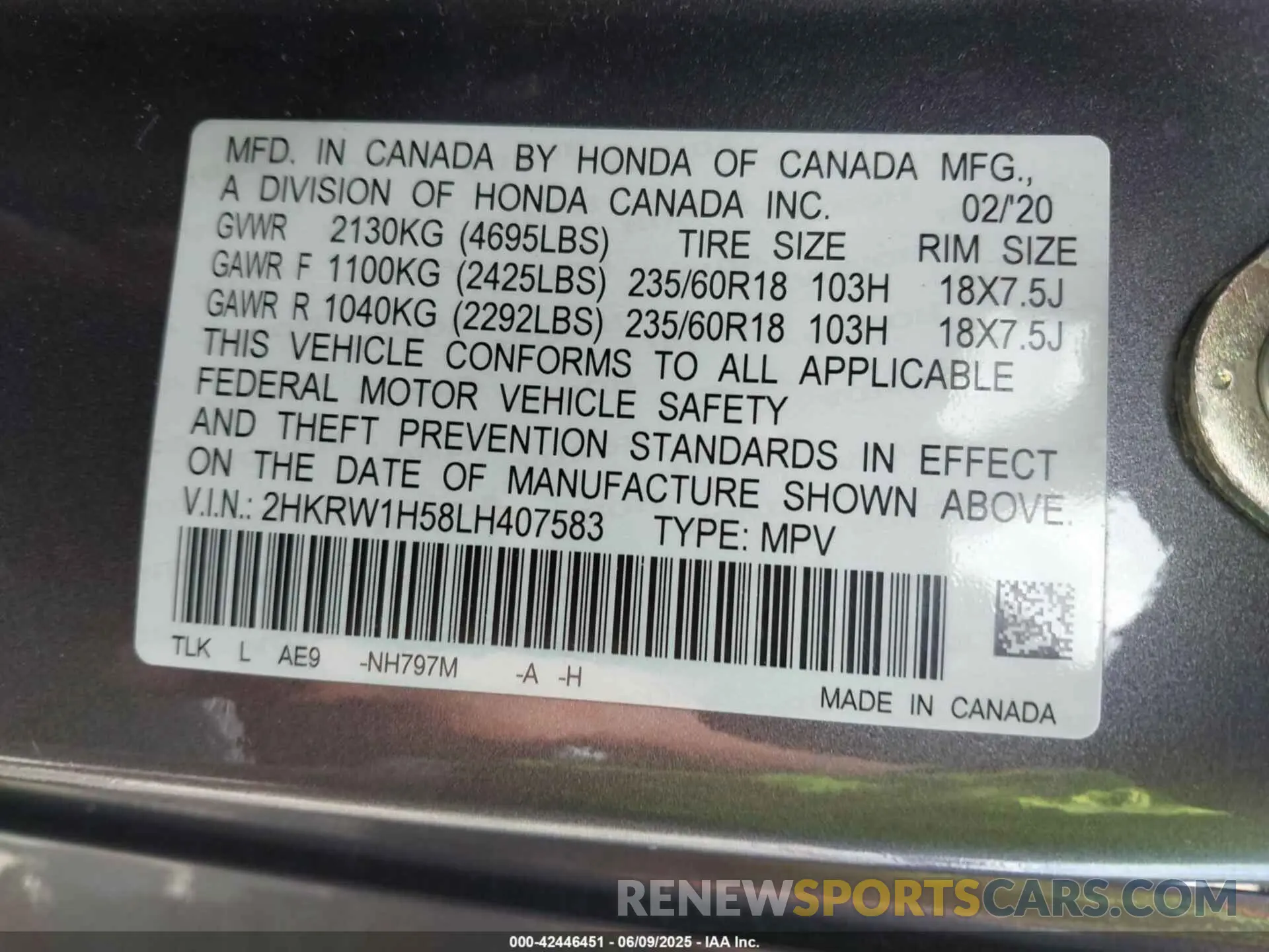 9 Photograph of a damaged car 2HKRW1H58LH407583 HONDA CR-V 2020