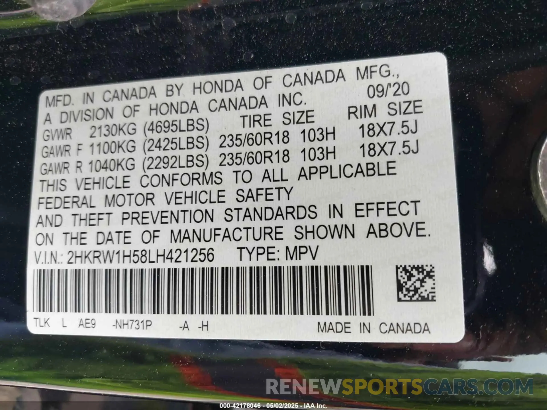 9 Photograph of a damaged car 2HKRW1H58LH421256 HONDA CR-V 2020