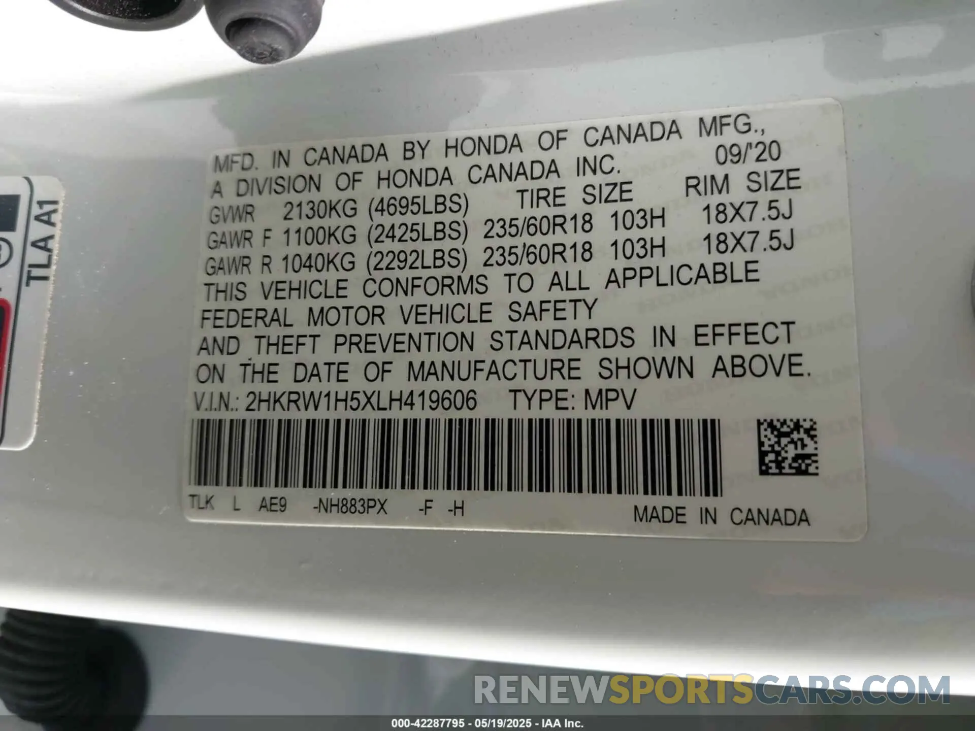 9 Photograph of a damaged car 2HKRW1H5XLH419606 HONDA CR-V 2020