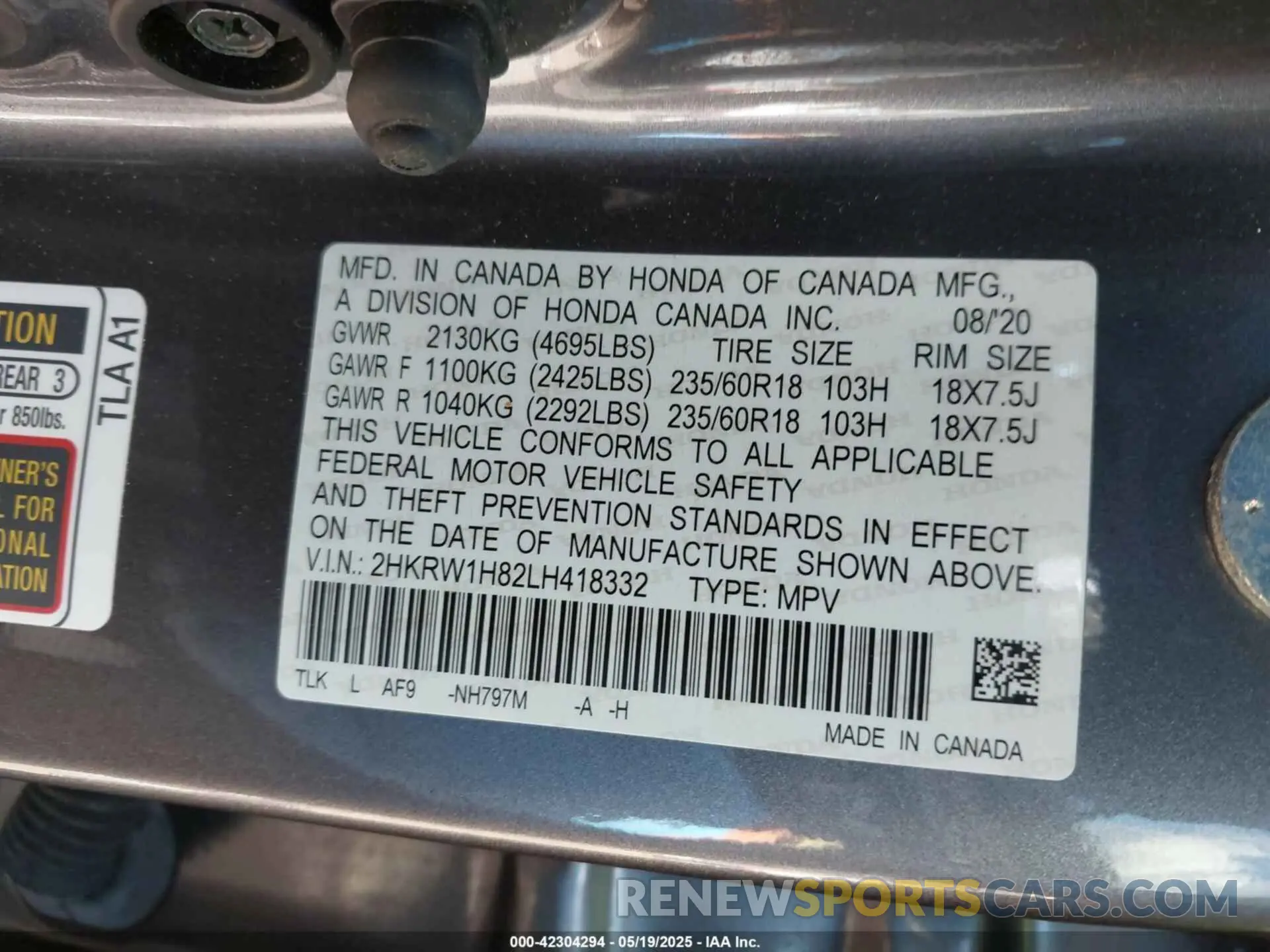 9 Photograph of a damaged car 2HKRW1H82LH418332 HONDA CR-V 2020