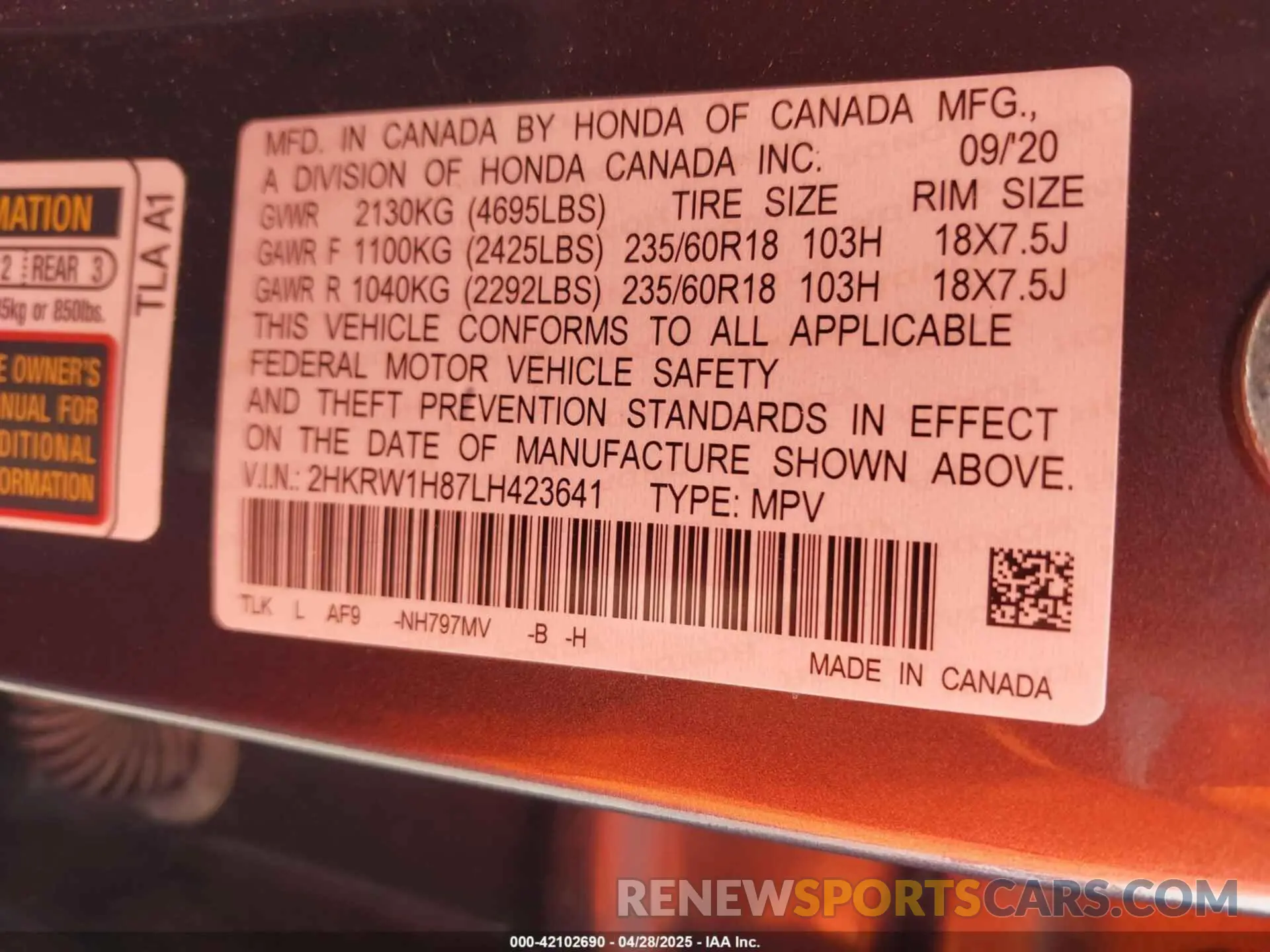 9 Photograph of a damaged car 2HKRW1H87LH423641 HONDA CR-V 2020