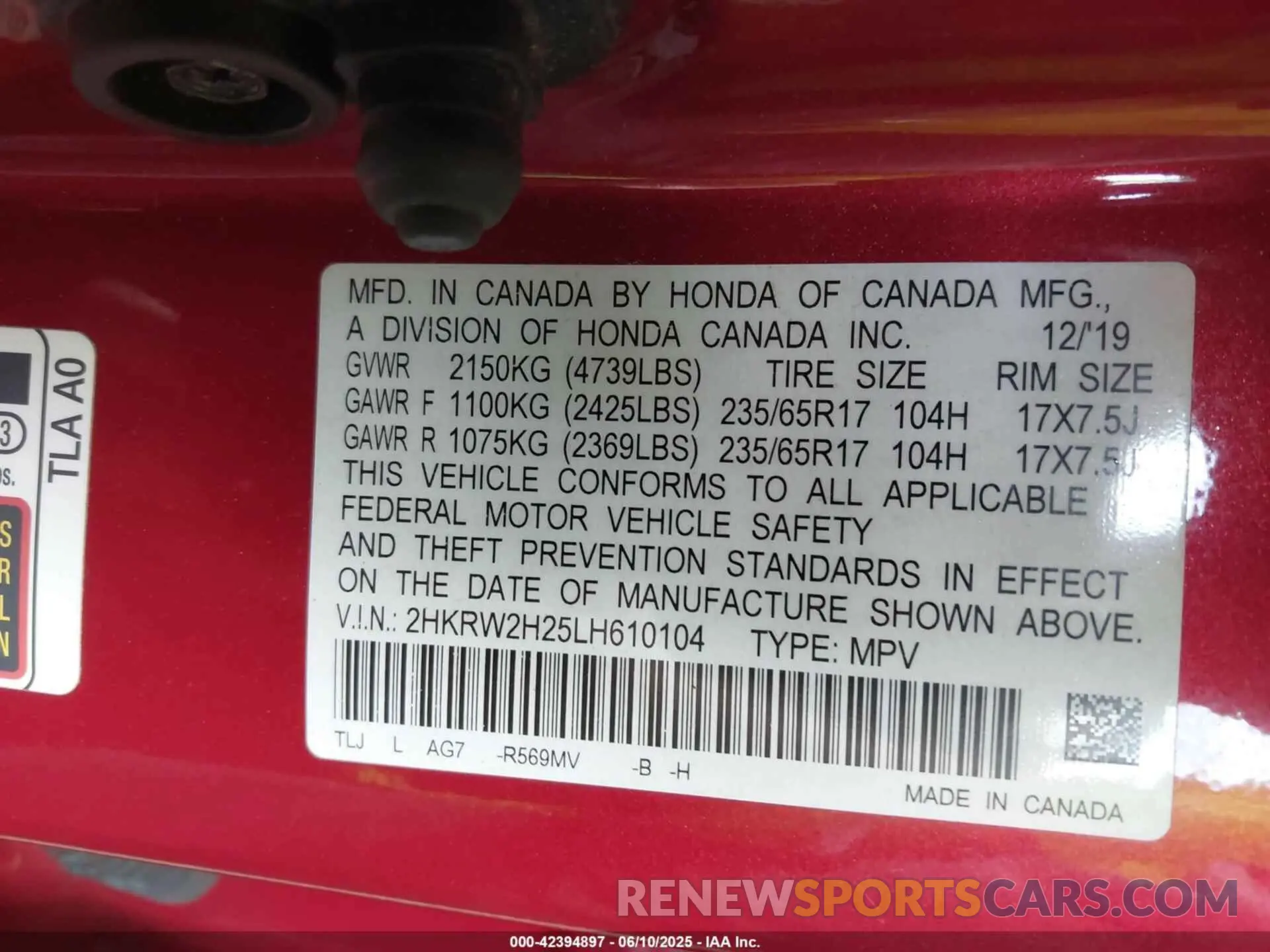 9 Photograph of a damaged car 2HKRW2H25LH610104 HONDA CR-V 2020