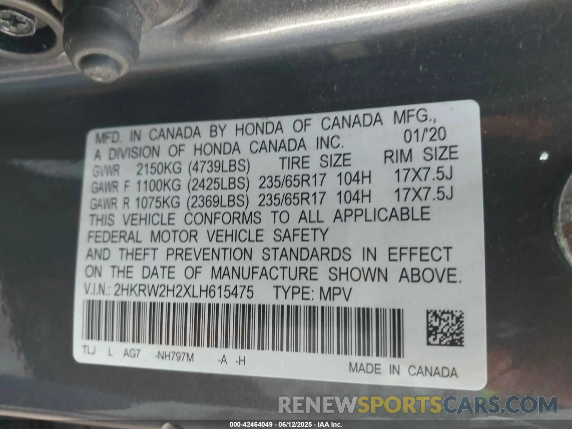 8 Photograph of a damaged car 2HKRW2H2XLH615475 HONDA CR-V 2020