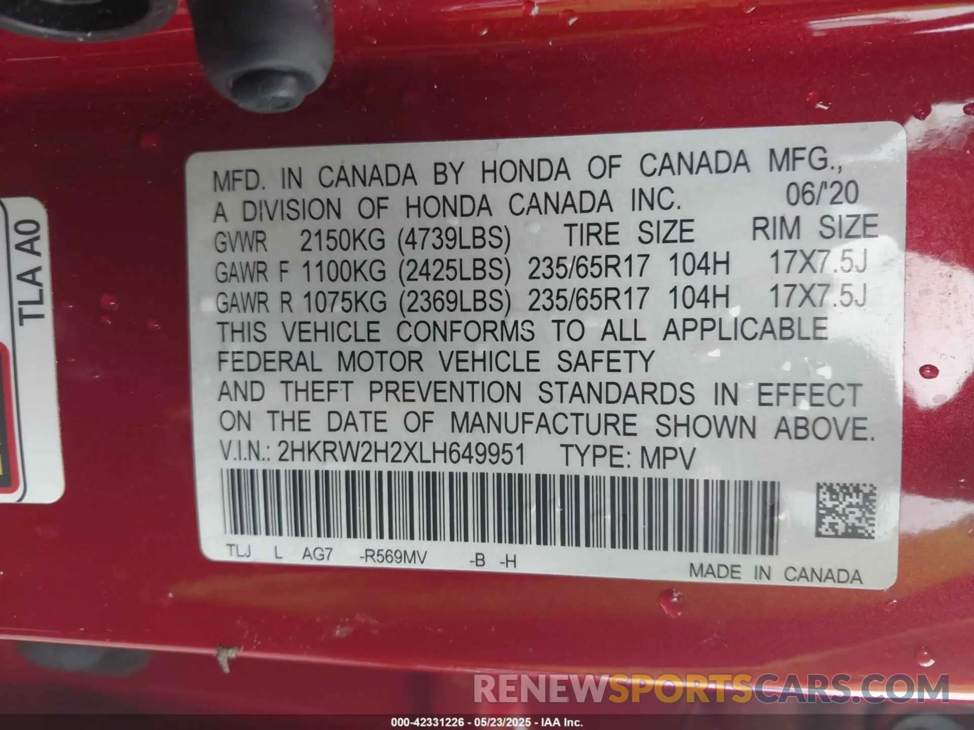 9 Photograph of a damaged car 2HKRW2H2XLH649951 HONDA CR-V 2020