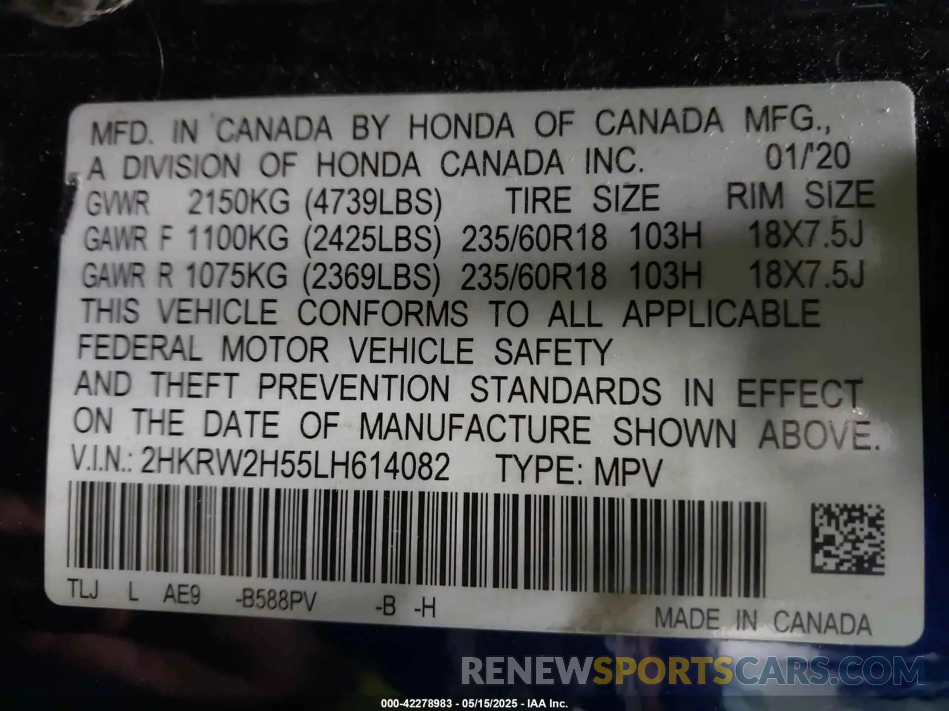9 Photograph of a damaged car 2HKRW2H55LH614082 HONDA CR-V 2020