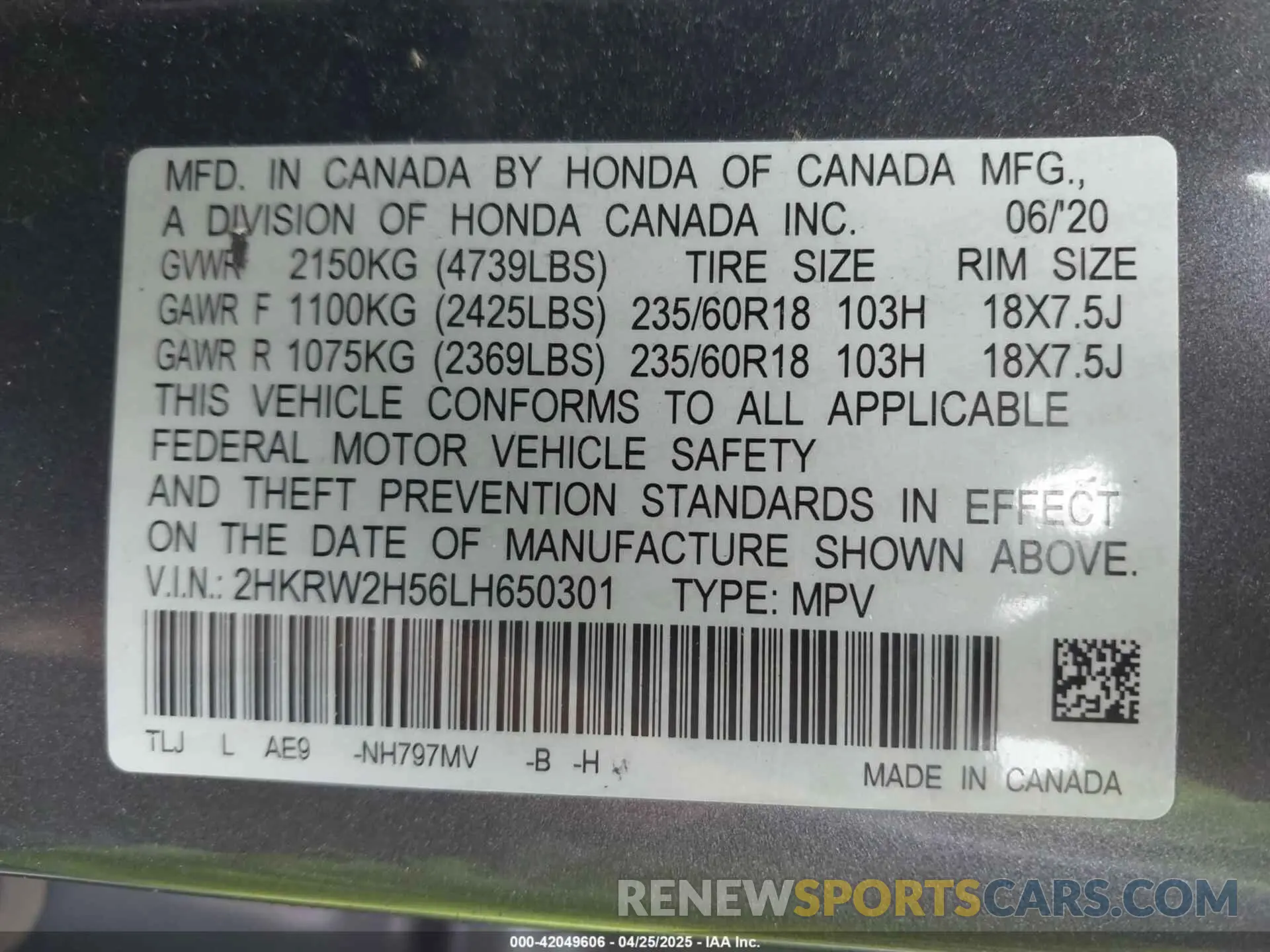 9 Photograph of a damaged car 2HKRW2H56LH650301 HONDA CR-V 2020